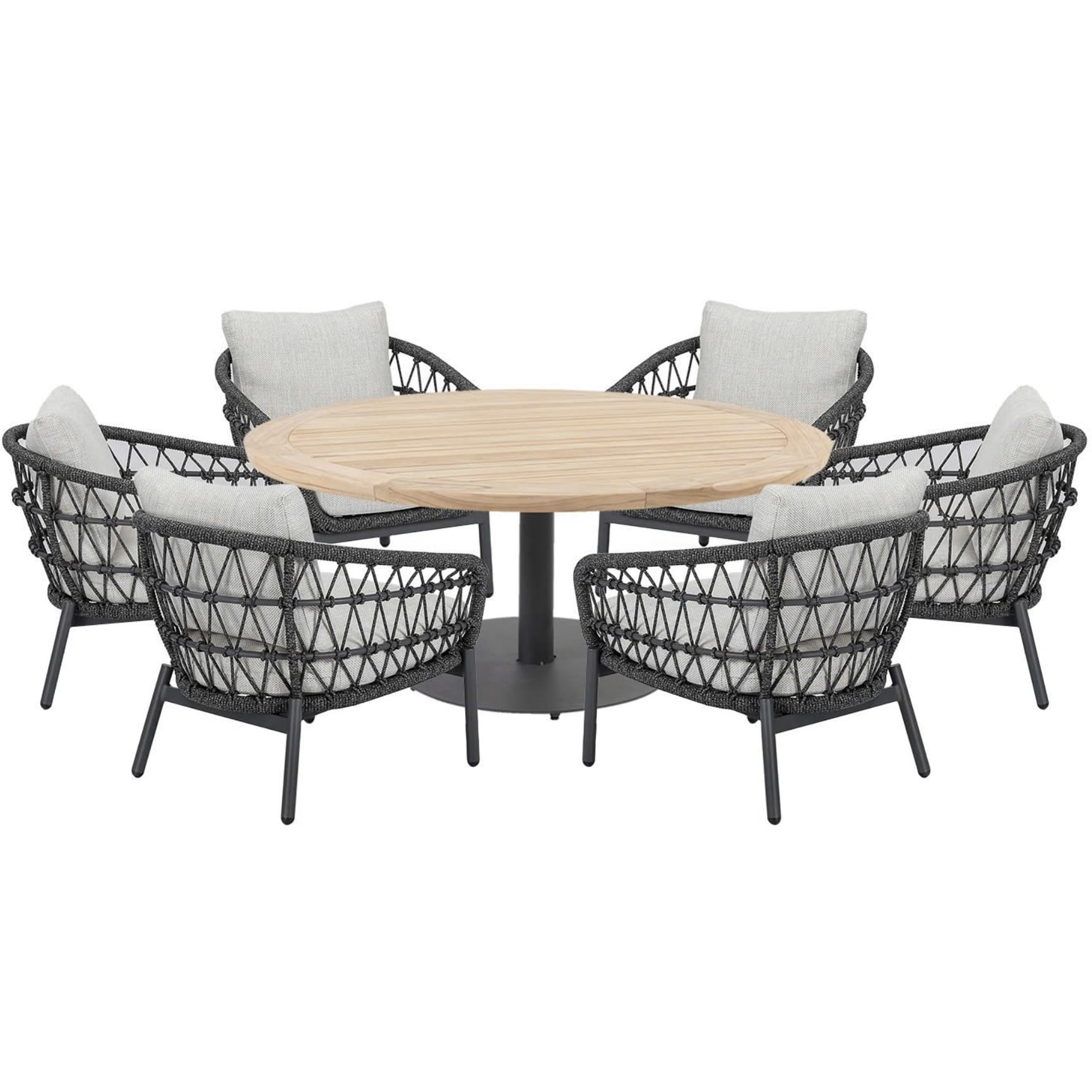 Arezzo Saba low dining tuinset 160xH75 cm rond 7 delig teak rope