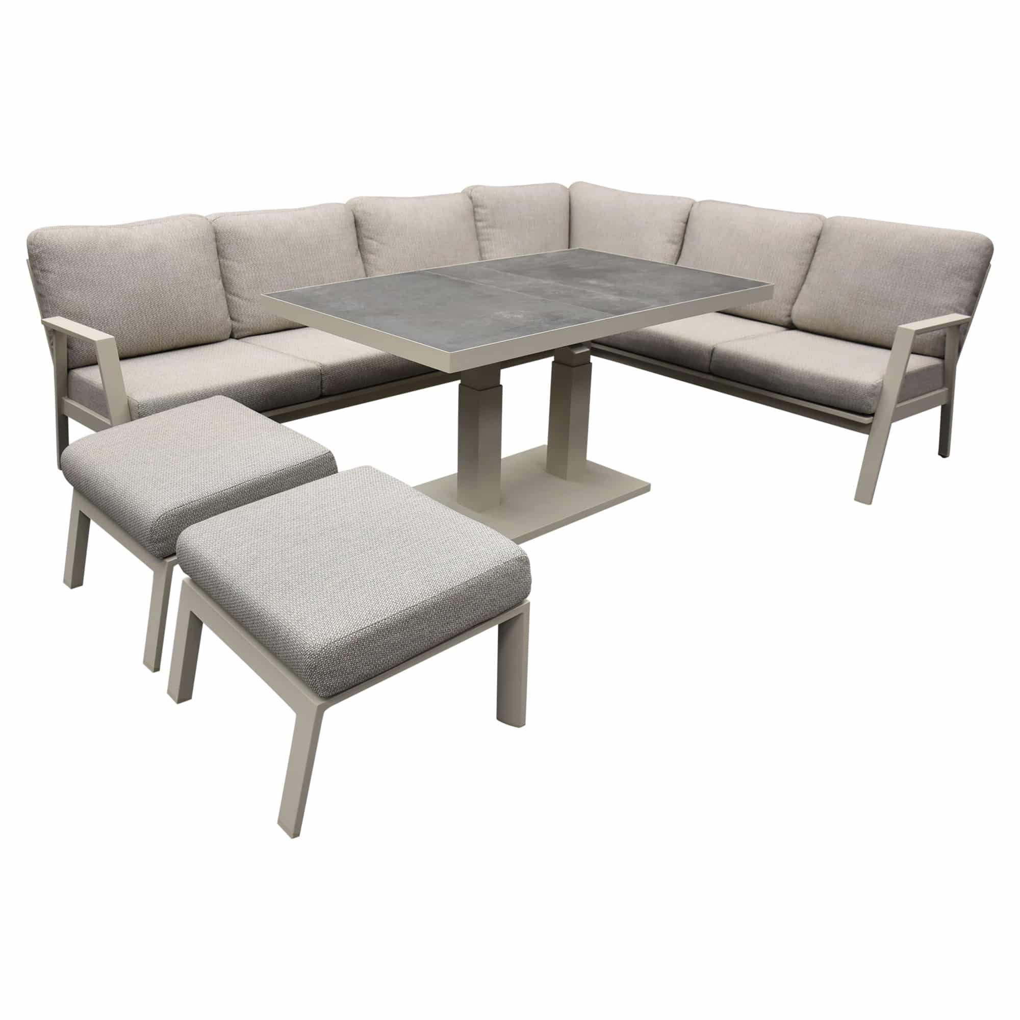 Barolo hoek dining loungeset 6 delig aluminium verstelbare tafel latte zand