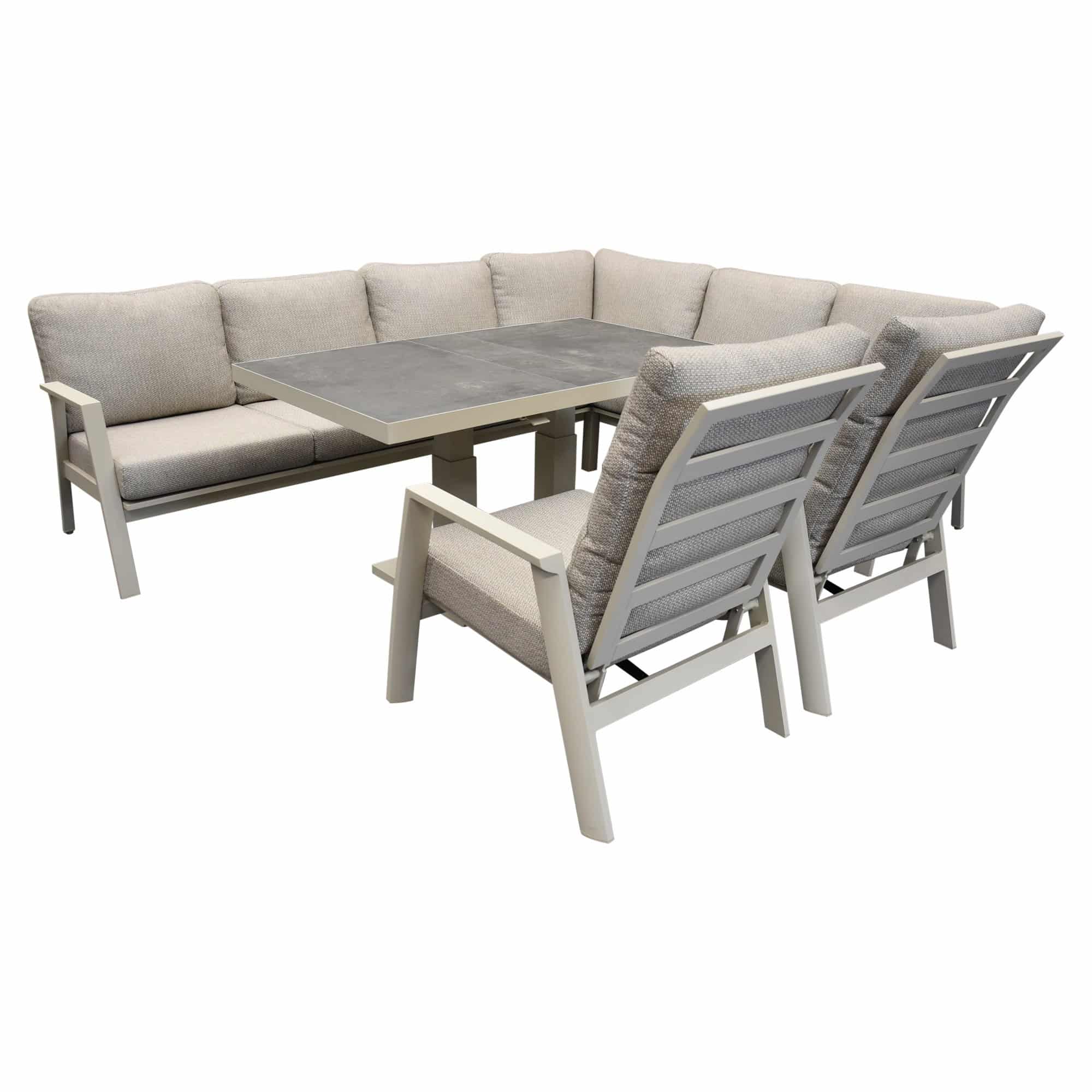 Barolo hoek dining loungeset 6 delig aluminium verstelbare tafel latte