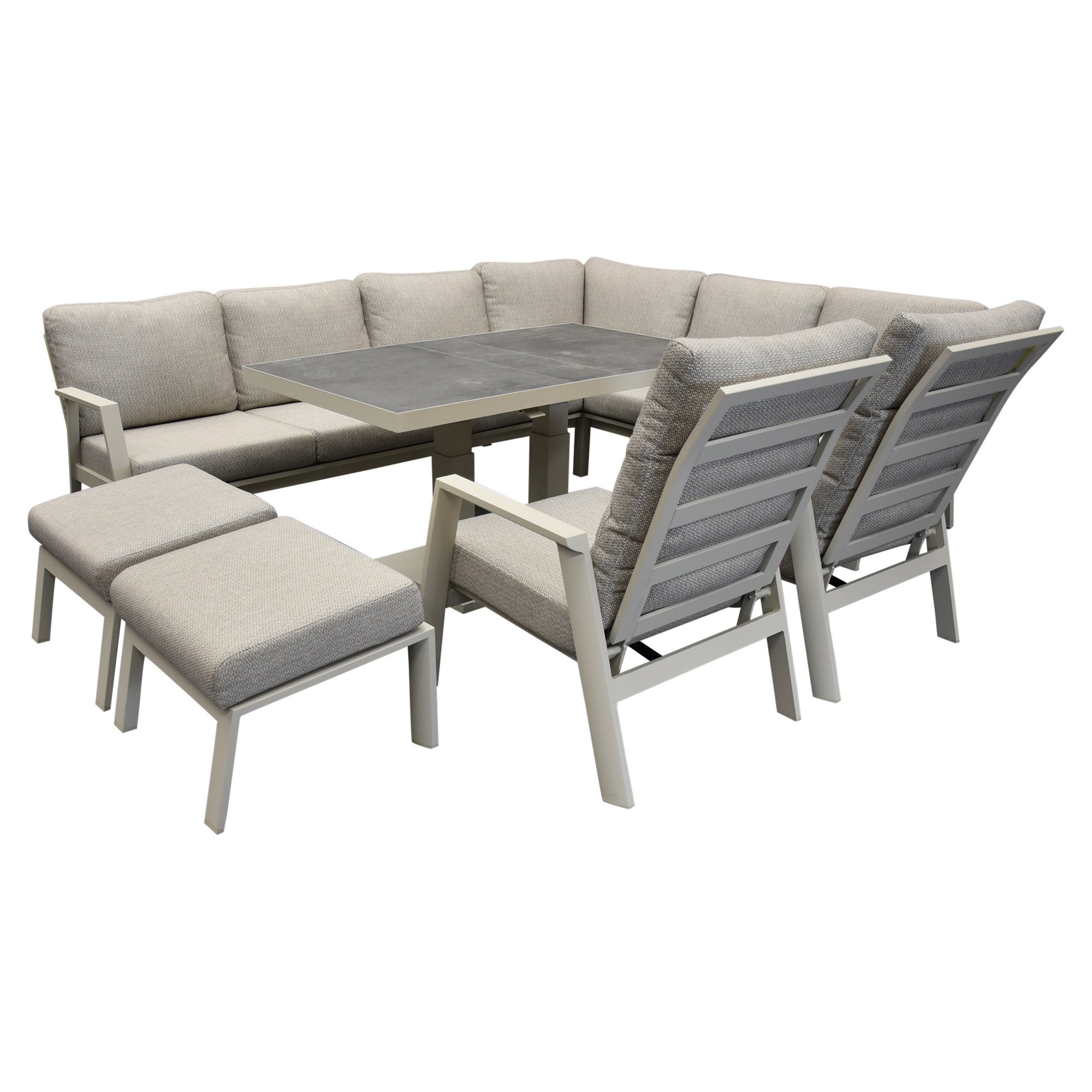 Barolo hoek dining loungeset 8 delig aluminium verstelbare tafel latte zand