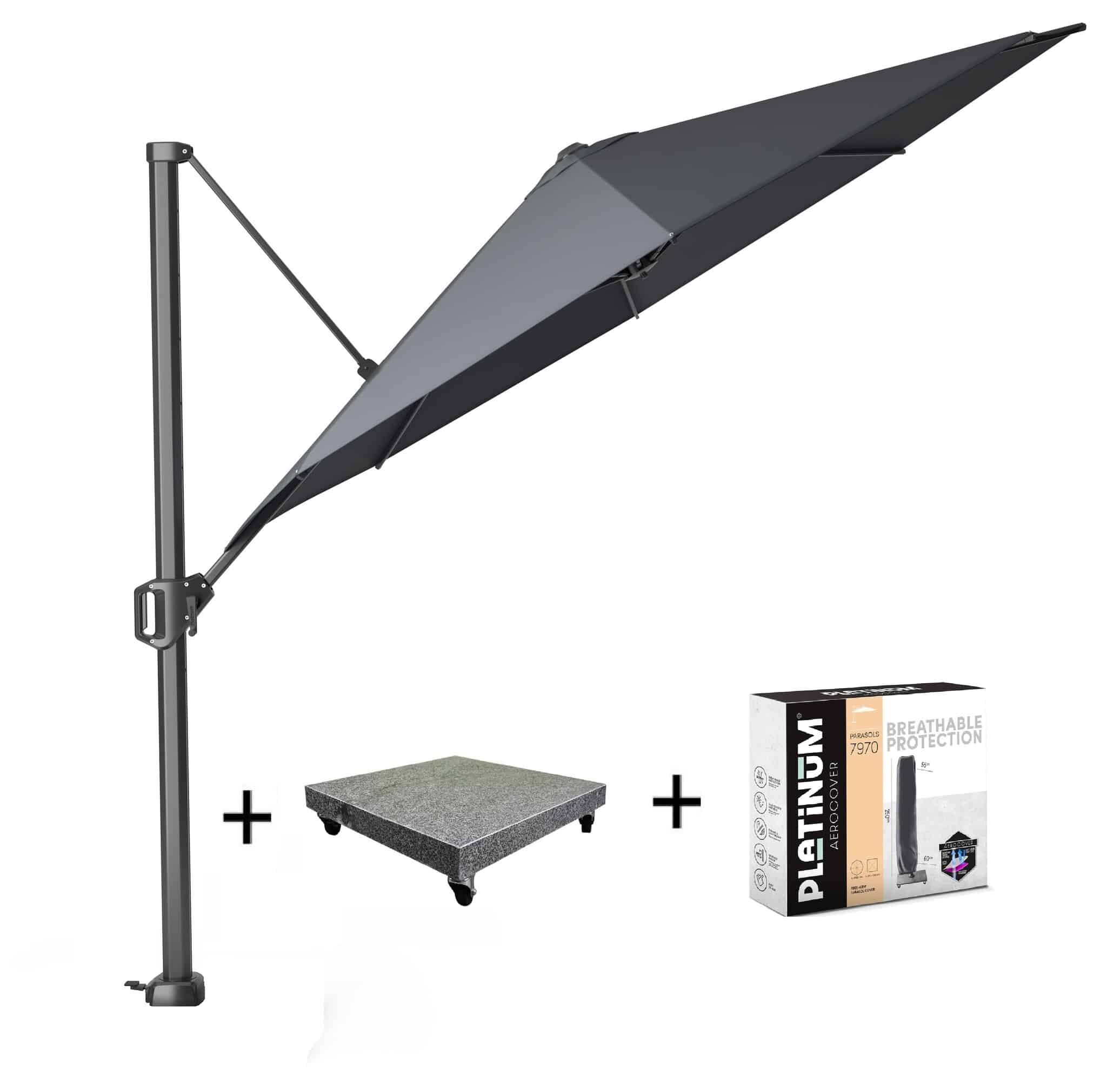 Challenger T1 parasol 350cm rond antraciet met 90kg voet en hoes