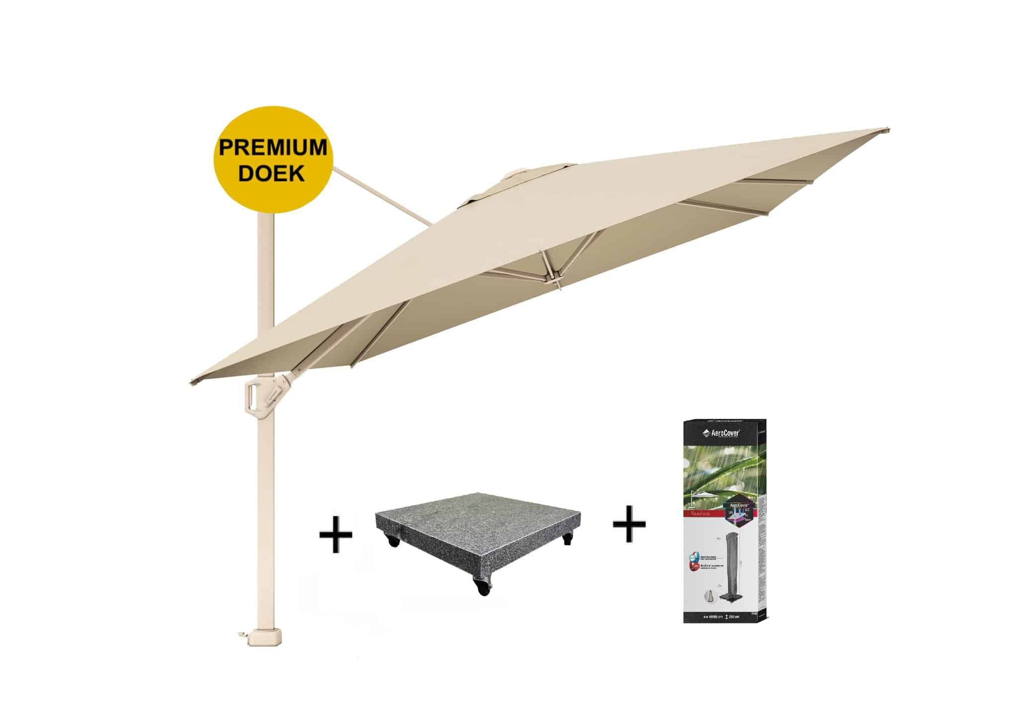 Challenger T1 premium parasol 400x300 cm sandstone champagne met 120 KG voet en hoes