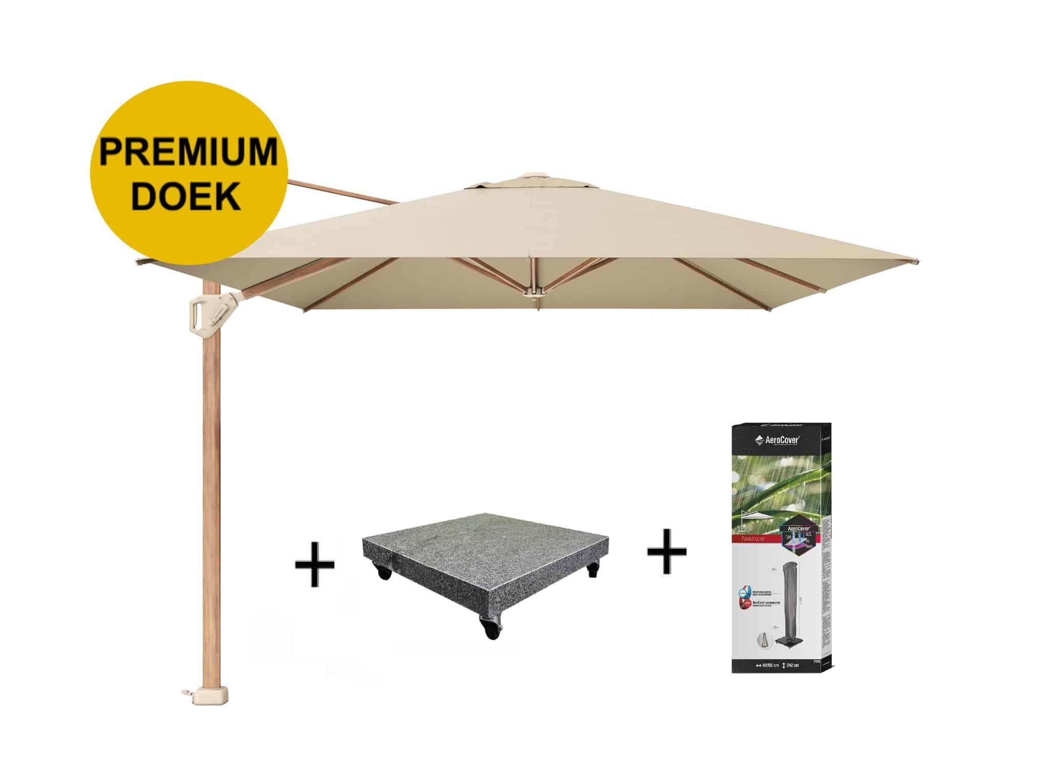 Challenger T1 premium parasol 400x300 cm teak champagne met 120 KG voet en hoes