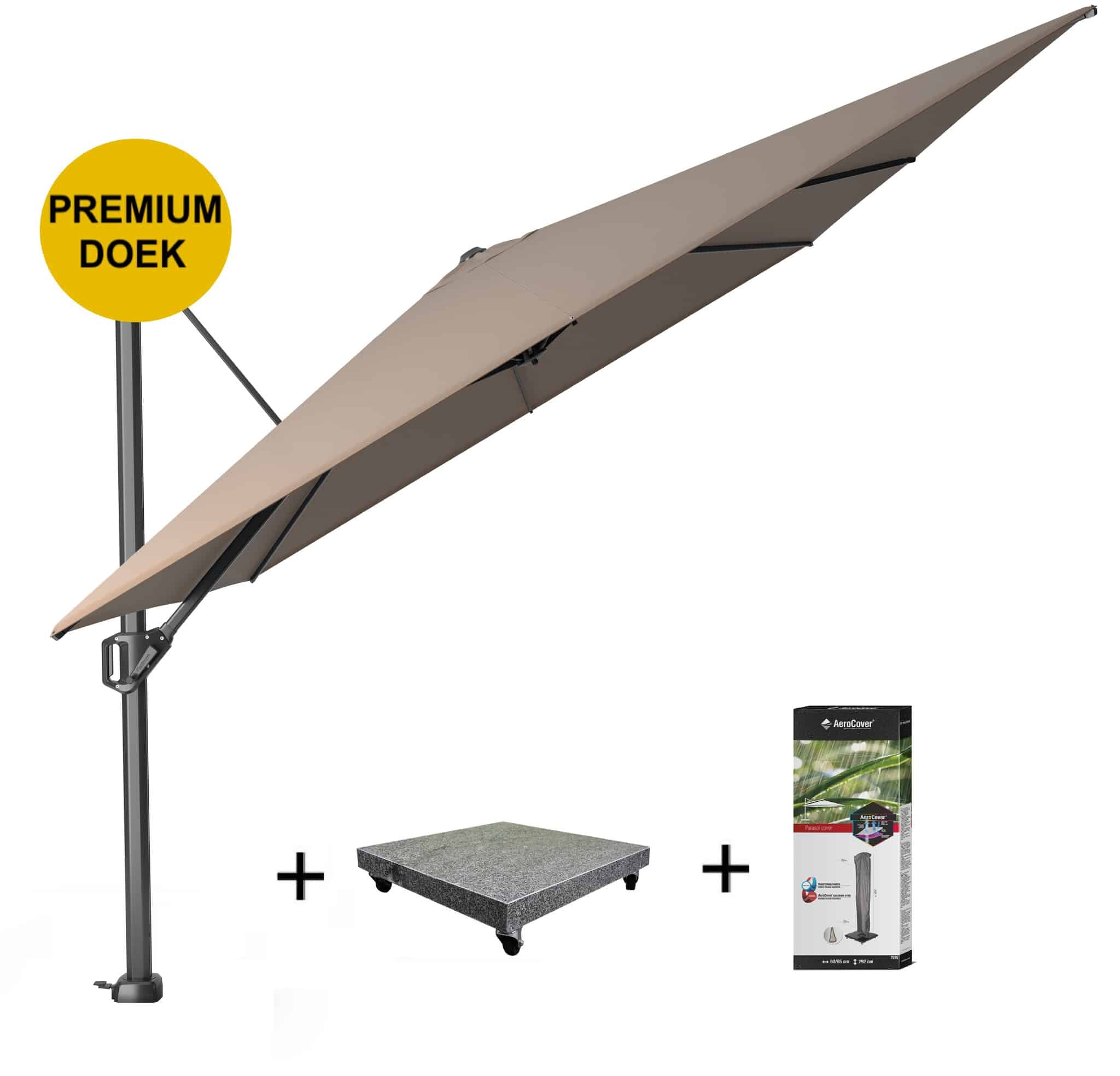 Challenger T1 premium zweefparasol 400x300 cm havanna met 120KG voet en hoes