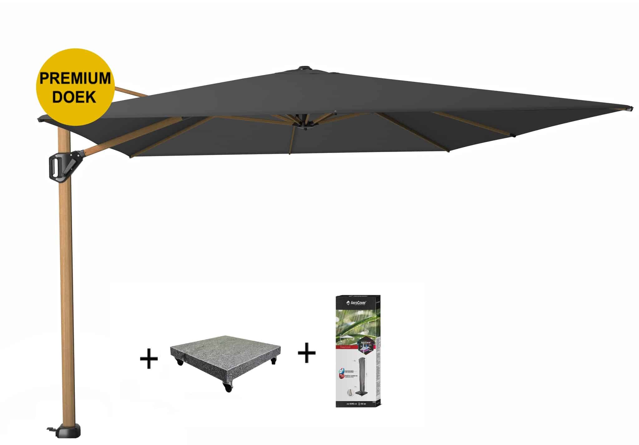 Challenger T1 premium zweefparasol 400x300 cm teak mast faded black met 90 KG voet en hoes