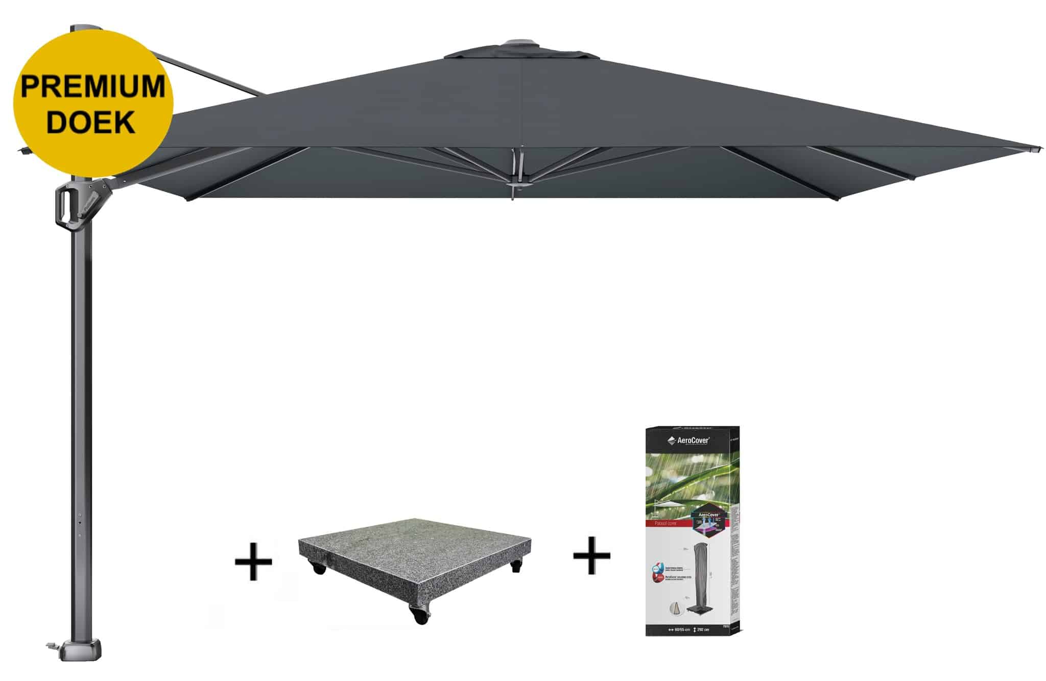 Challenger T1 telescope premium zweefparasol 350x350 cm faded black met 120 KG voet en hoes