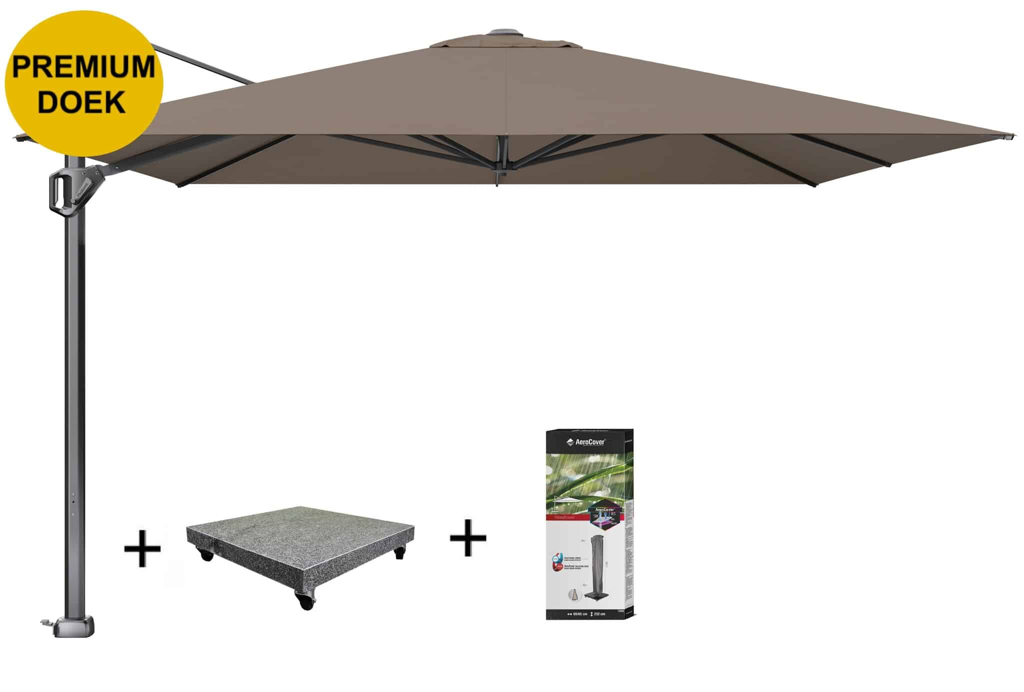 Challenger T1 telescope premium zweefparasol 350x350 cm havanna met 120KG voet en hoes
