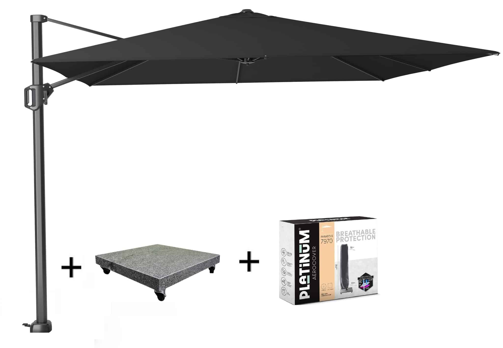Challenger T1 zweefparasol 300x300 cm zwart met 90KG voet en hoes