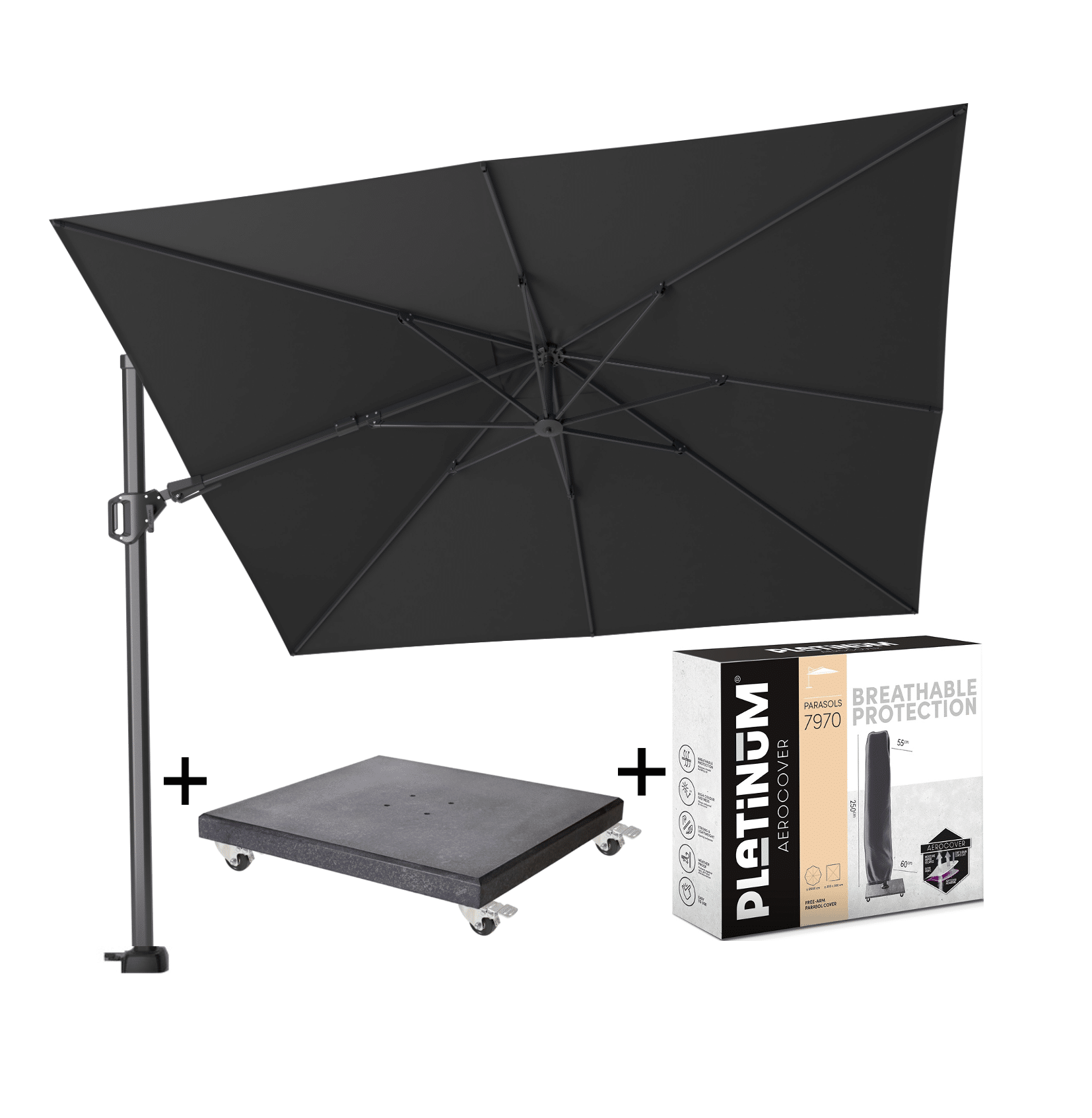 Challenger T2 300x300 cm antraciet met zwarte parasolvoet 90kg en hoes