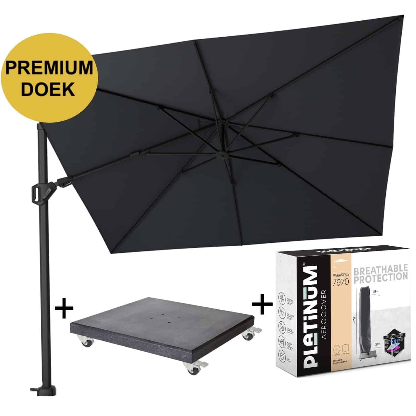 Challenger T2 Premium 300x300 cm Faded Black met zwarte parasolvoet 90kg en hoes