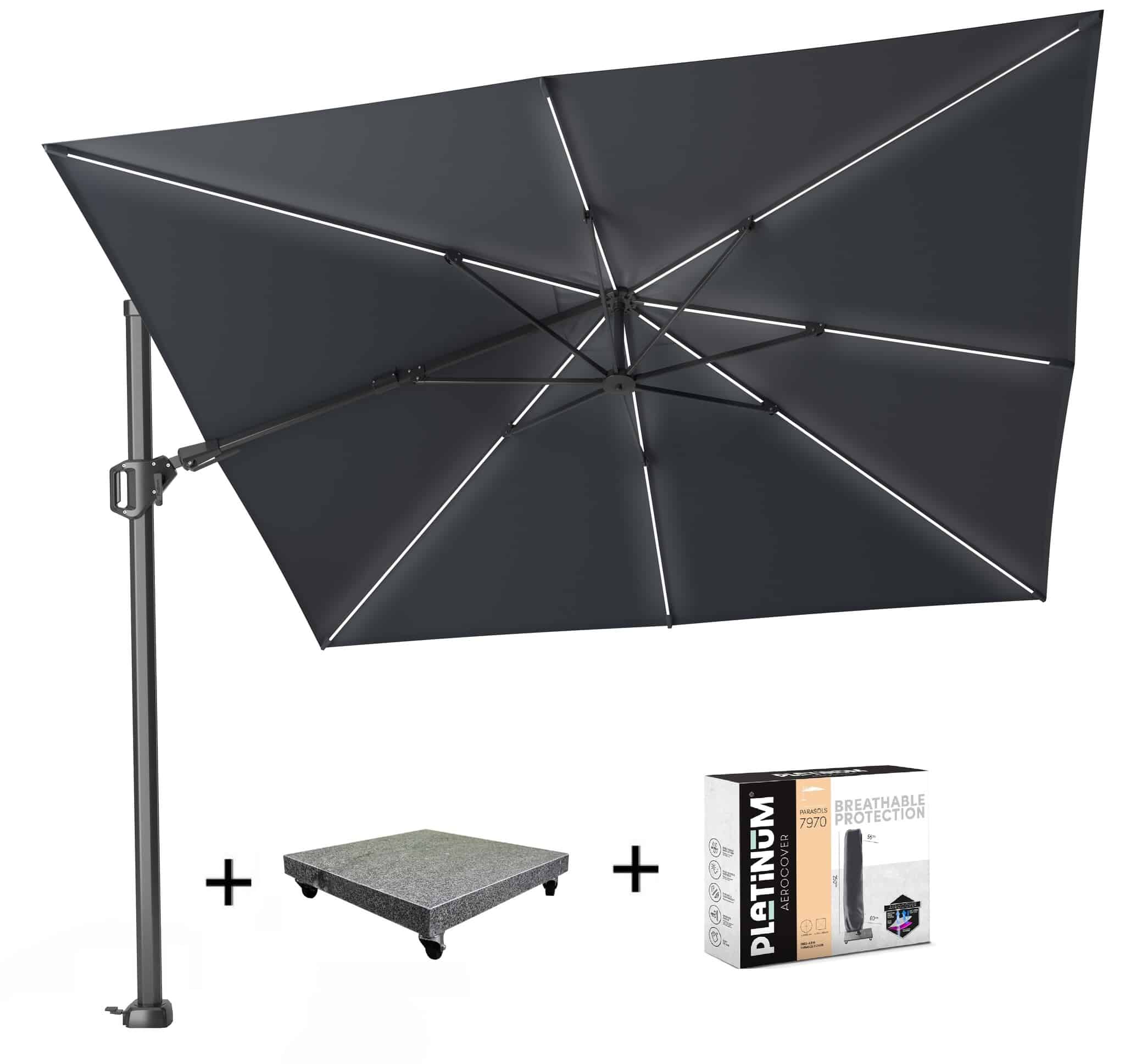 Challenger T2 glow zweefparasol 300x300 cm antraciet met 90KG voet en hoes