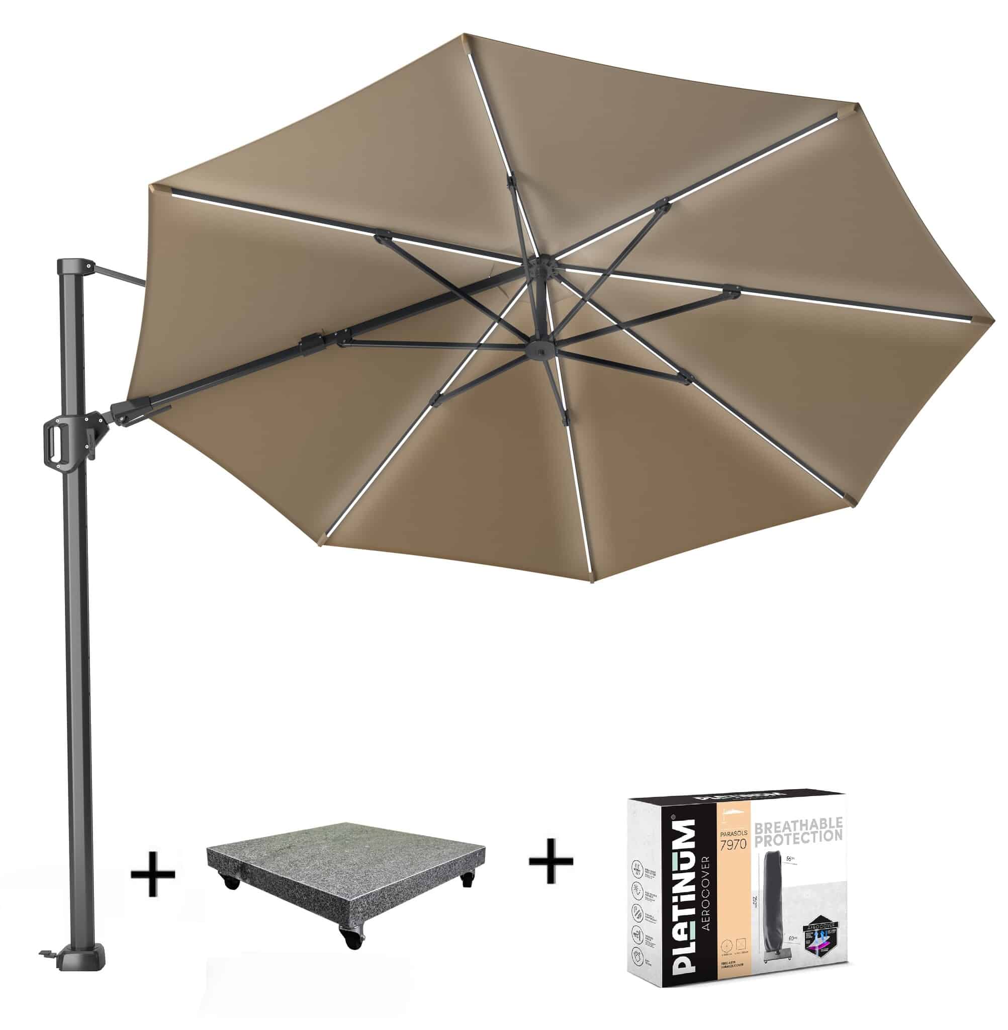 Challenger T2 glow zweefparasol 350 cm rond taupe met 90KG voet en hoes