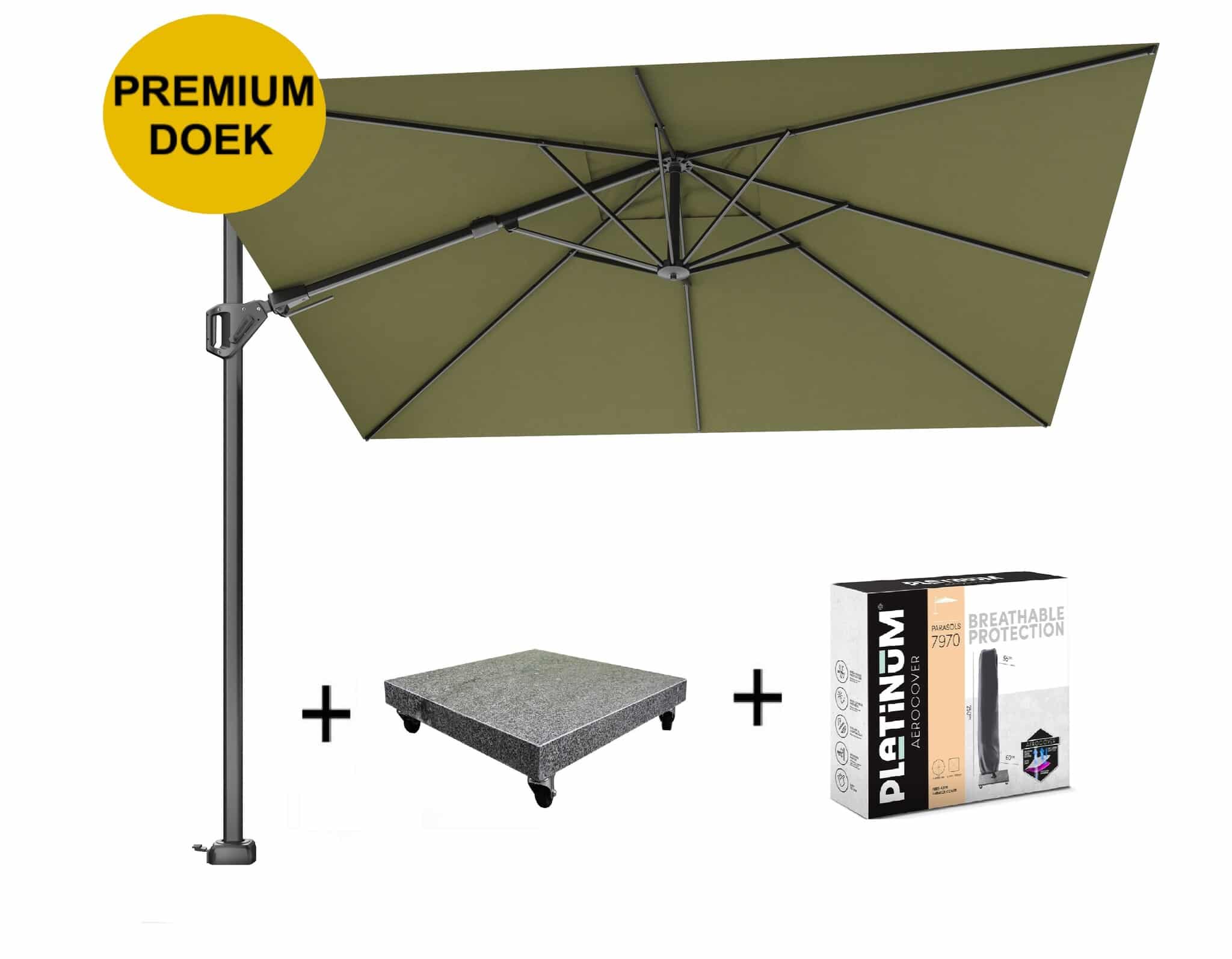 Challenger T2 premium parasol 300x300 cm antraciet lush green met 90 KG voet en hoes