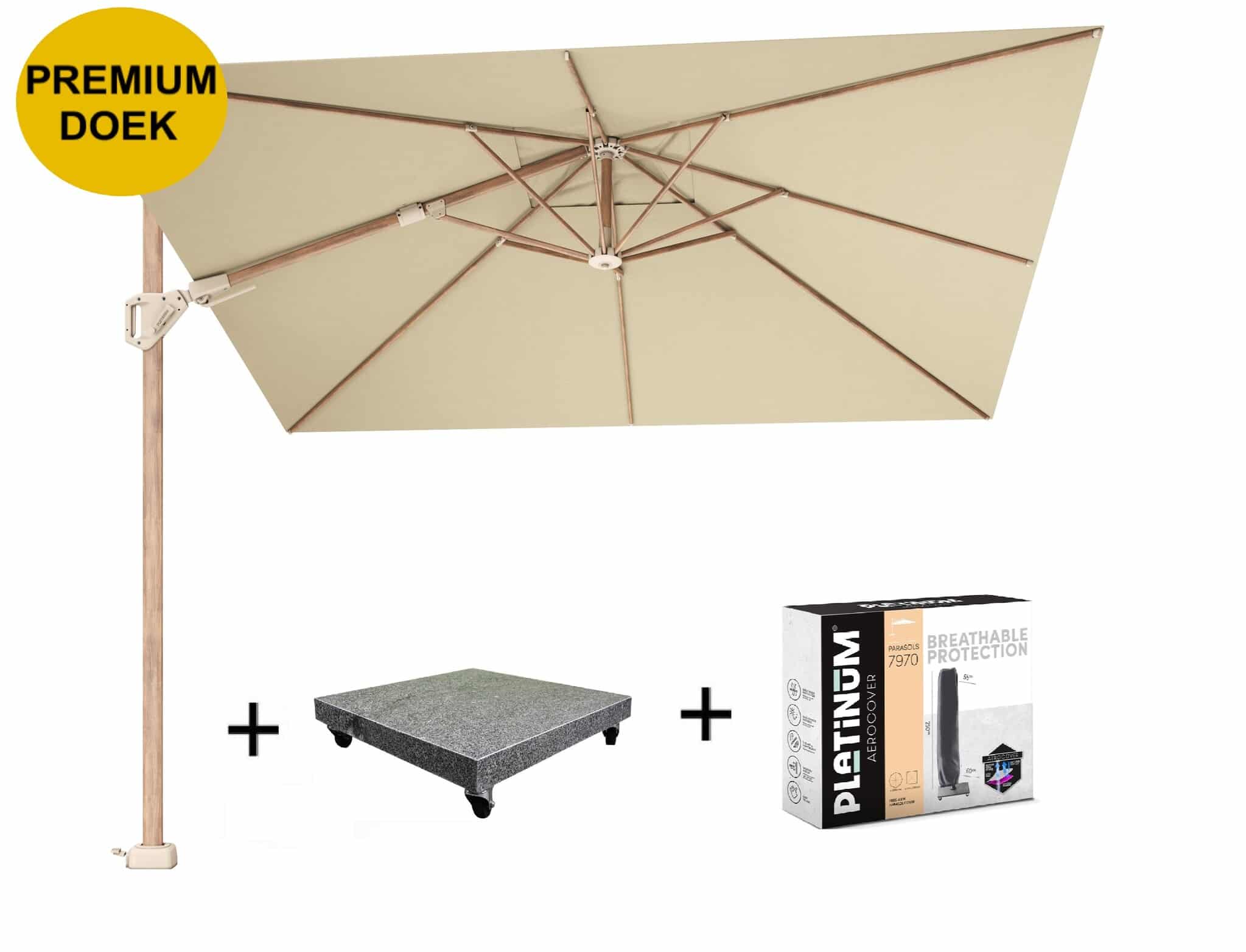 Challenger T2 premium parasol 300x300 cm teak champagne met 90 KG voet en hoes