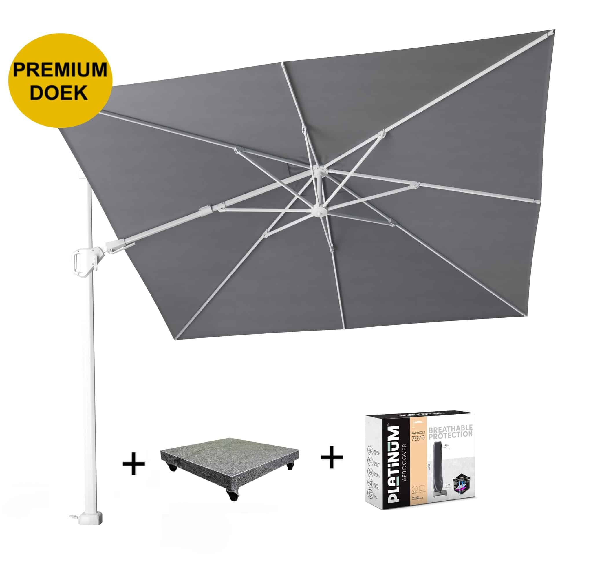 Challenger T2 premium zweefparasol 300x300 cm witte mast manhattan met 90KG voet en hoes