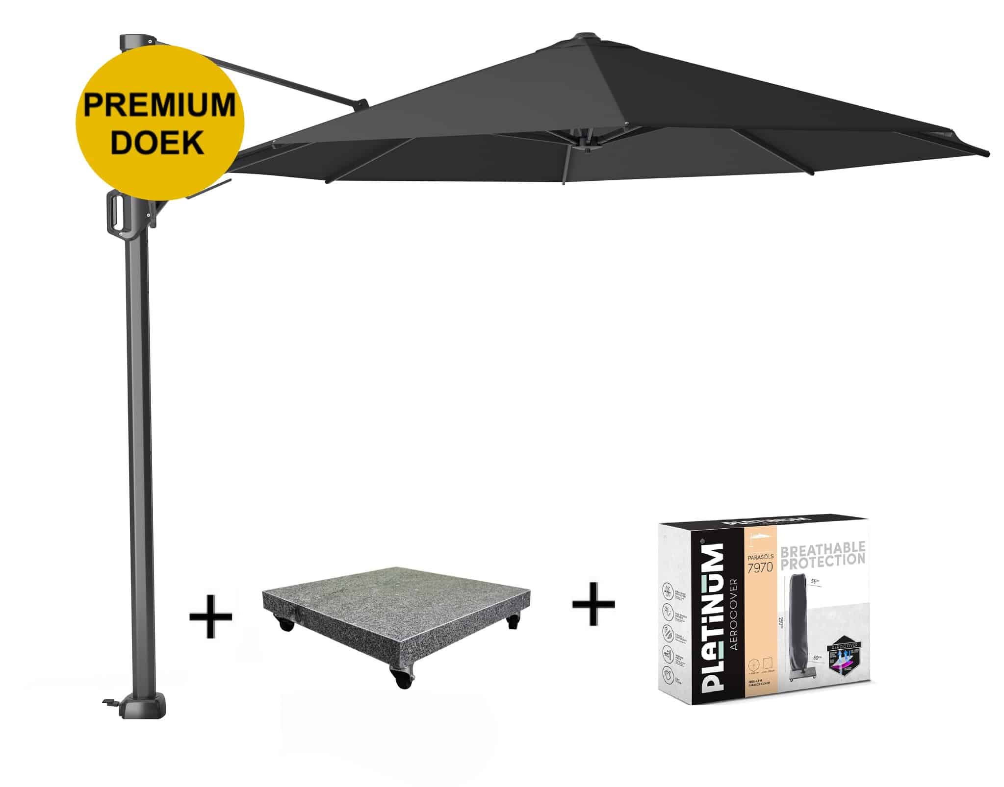 Challenger T2 premium zweefparasol 350 cm rond faded black met 90KG voet en hoes