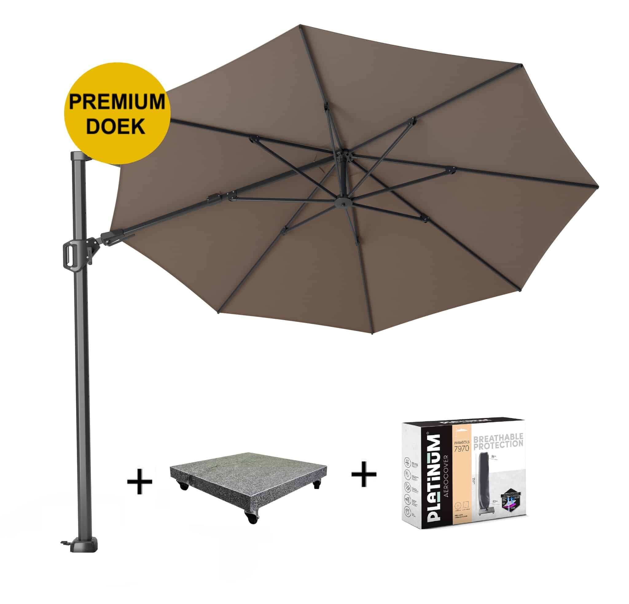 Challenger T2 premium zweefparasol 350 cm rond havanna met 90KG voet en hoes