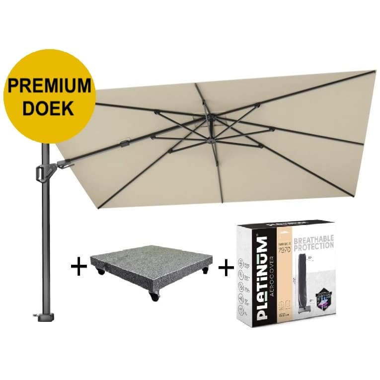 Challenger T2 premium zweefparasol 350x260 cm champagne met parasolvoet 90kg en hoes