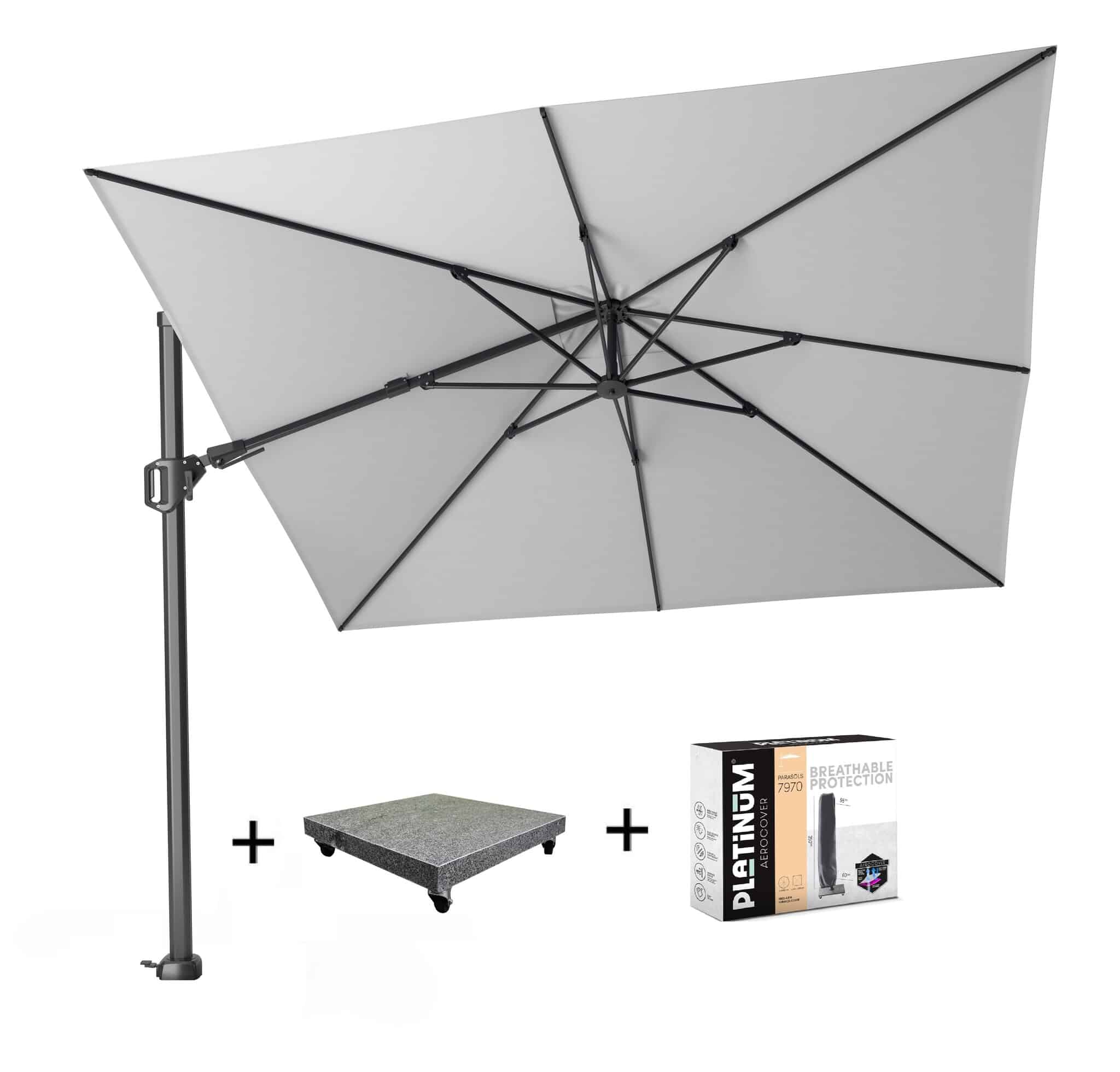 Challenger T2 zweefparasol 300x300 cm wit met 90KG voet en hoes