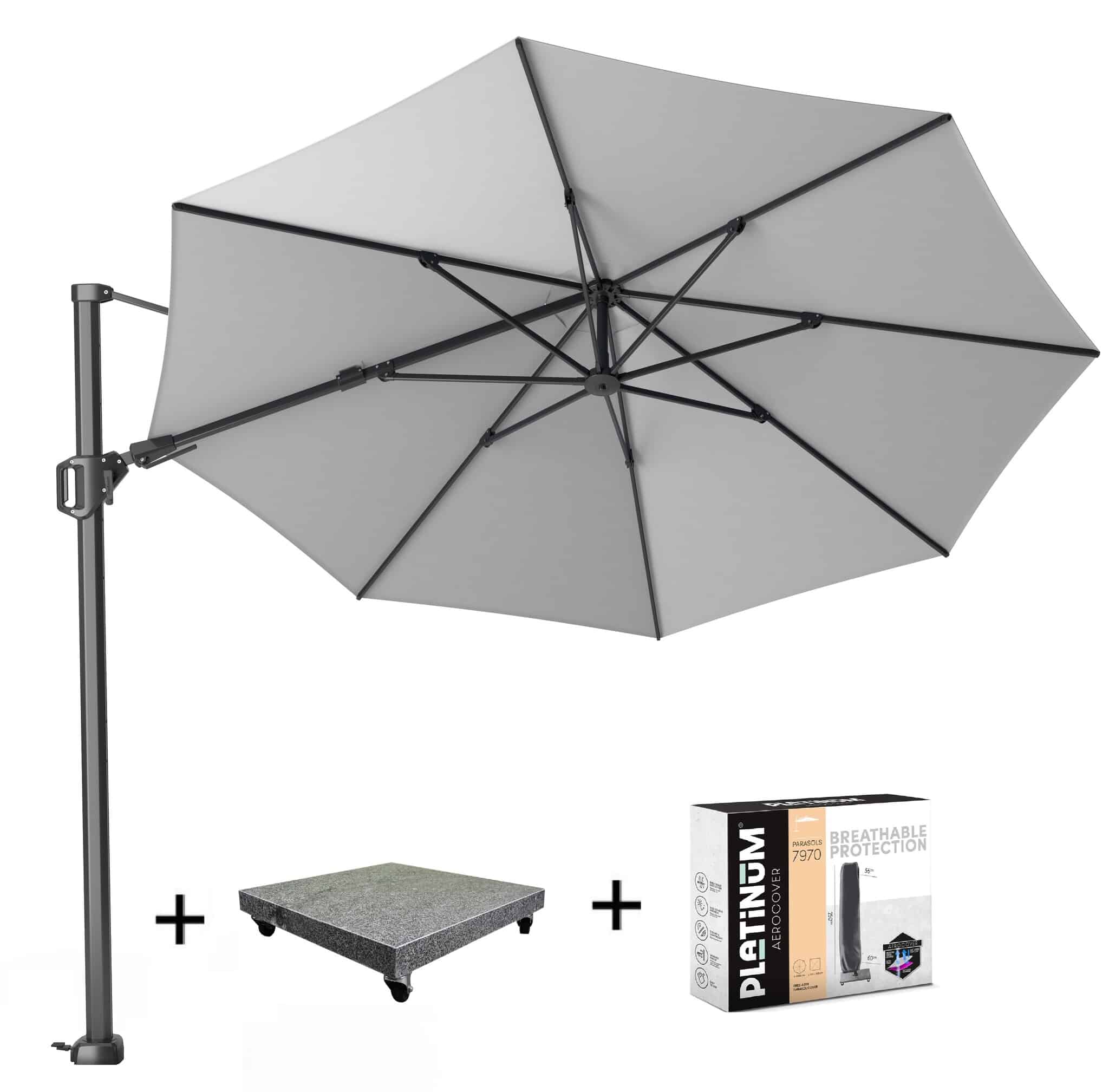 Challenger T2 zweefparasol 350 cm rond lichtgrijs met 90KG voet en hoes