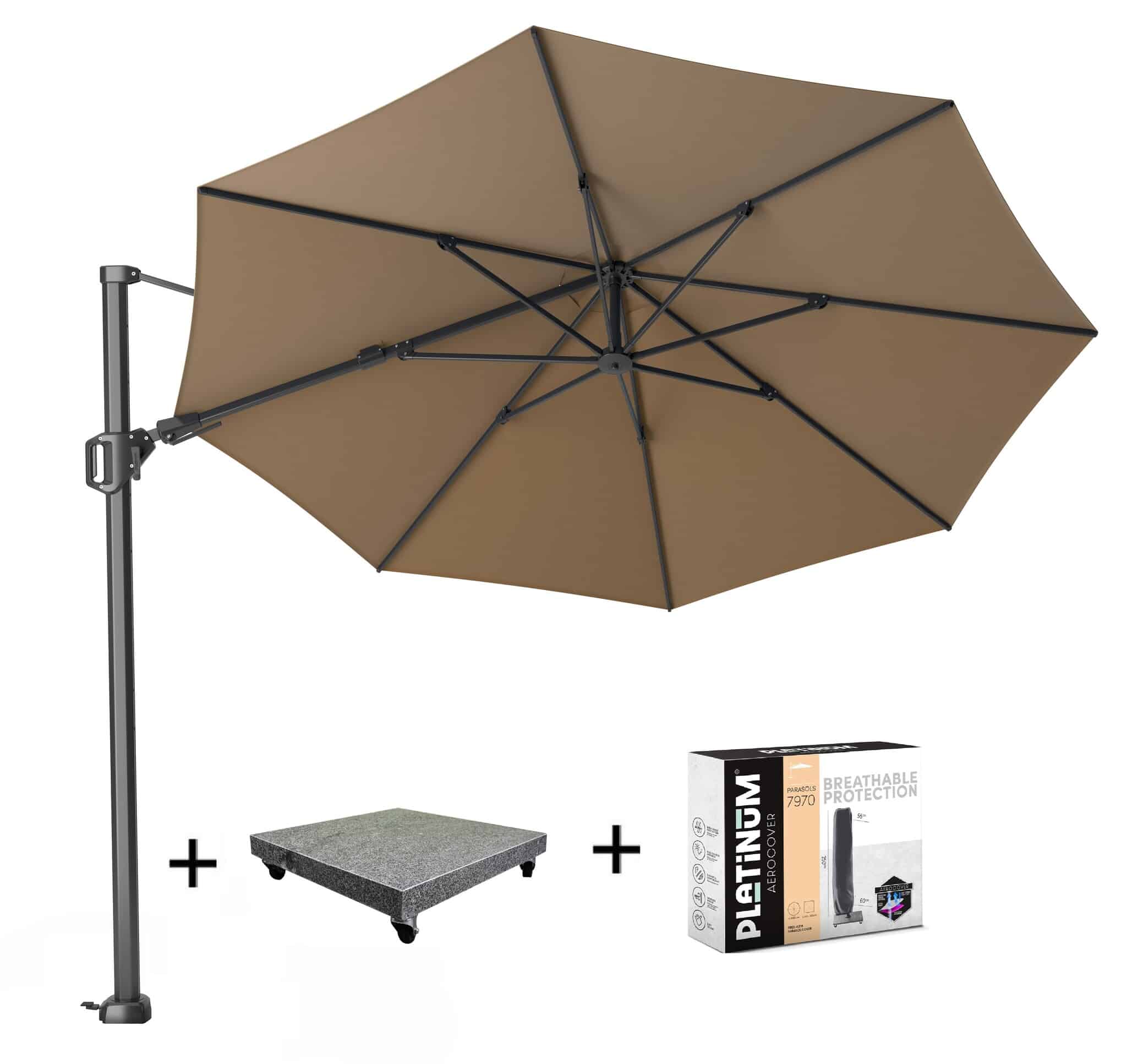Challenger T2 zweefparasol 350 cm rond taupe met 120KG voet en hoes