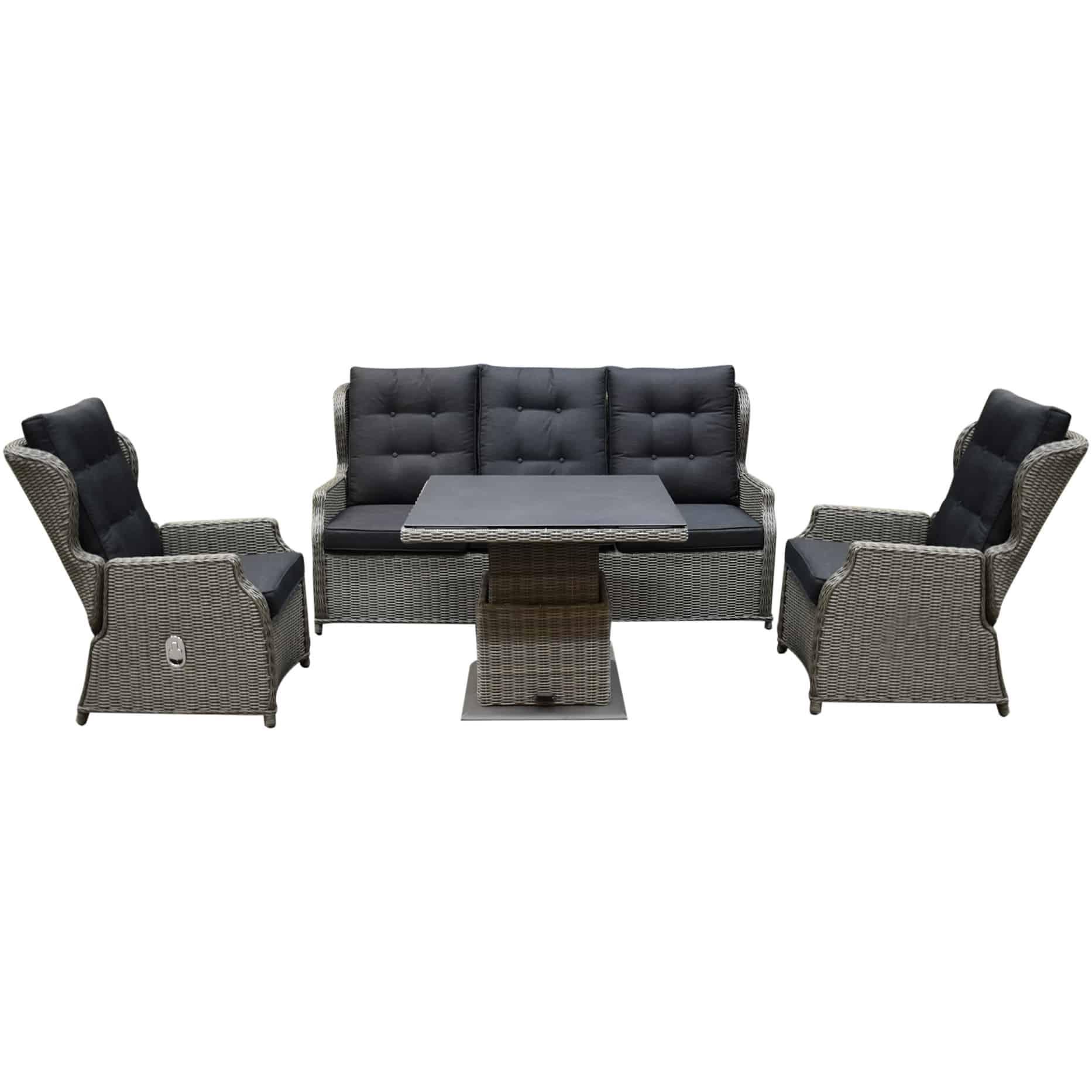 Ibiza XL stoel bank dining loungeset 4 delig grijs met verstelbare tafel vierkant