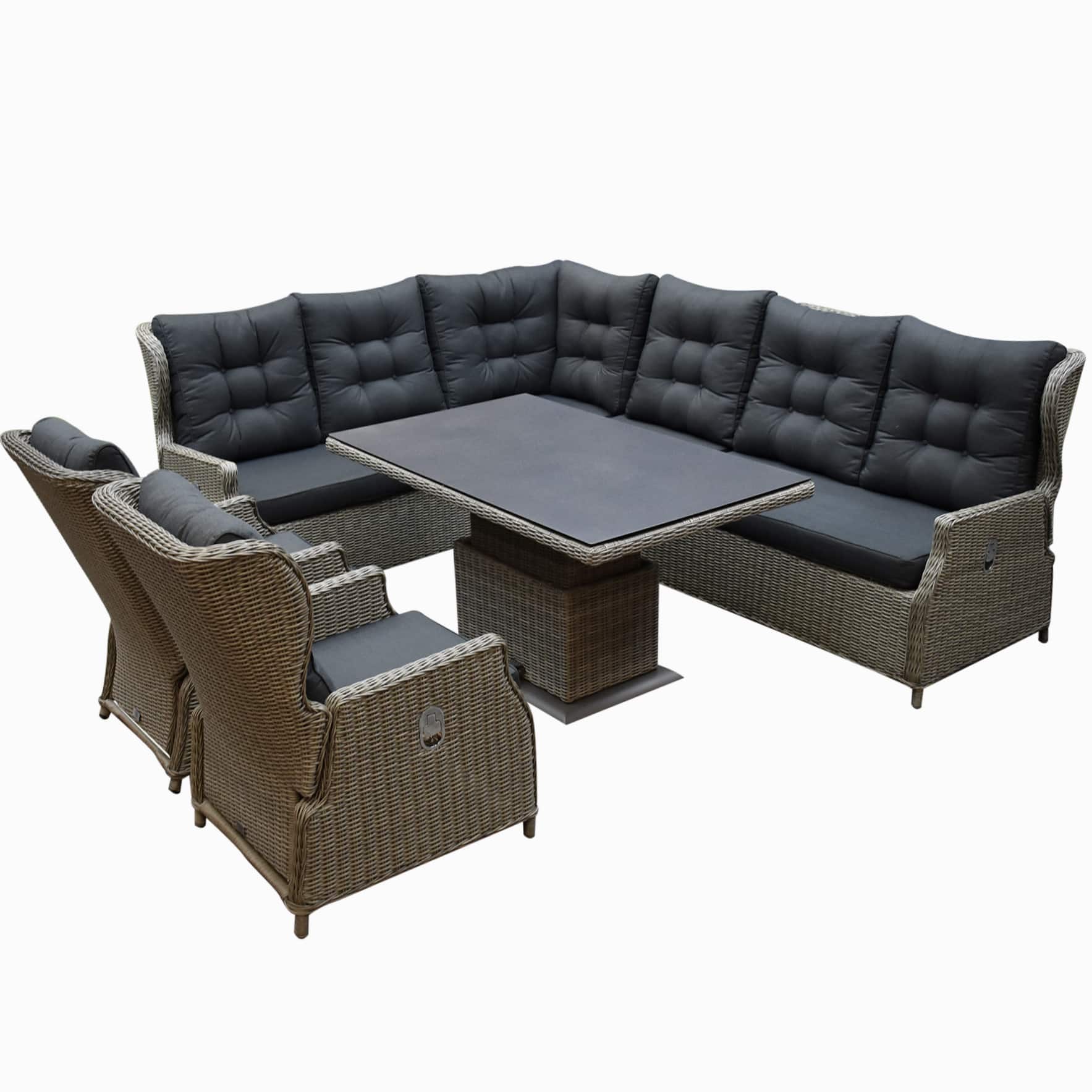 Ibiza dining verstelbare hoek loungeset 7 delig grijs met verstelbare tafel