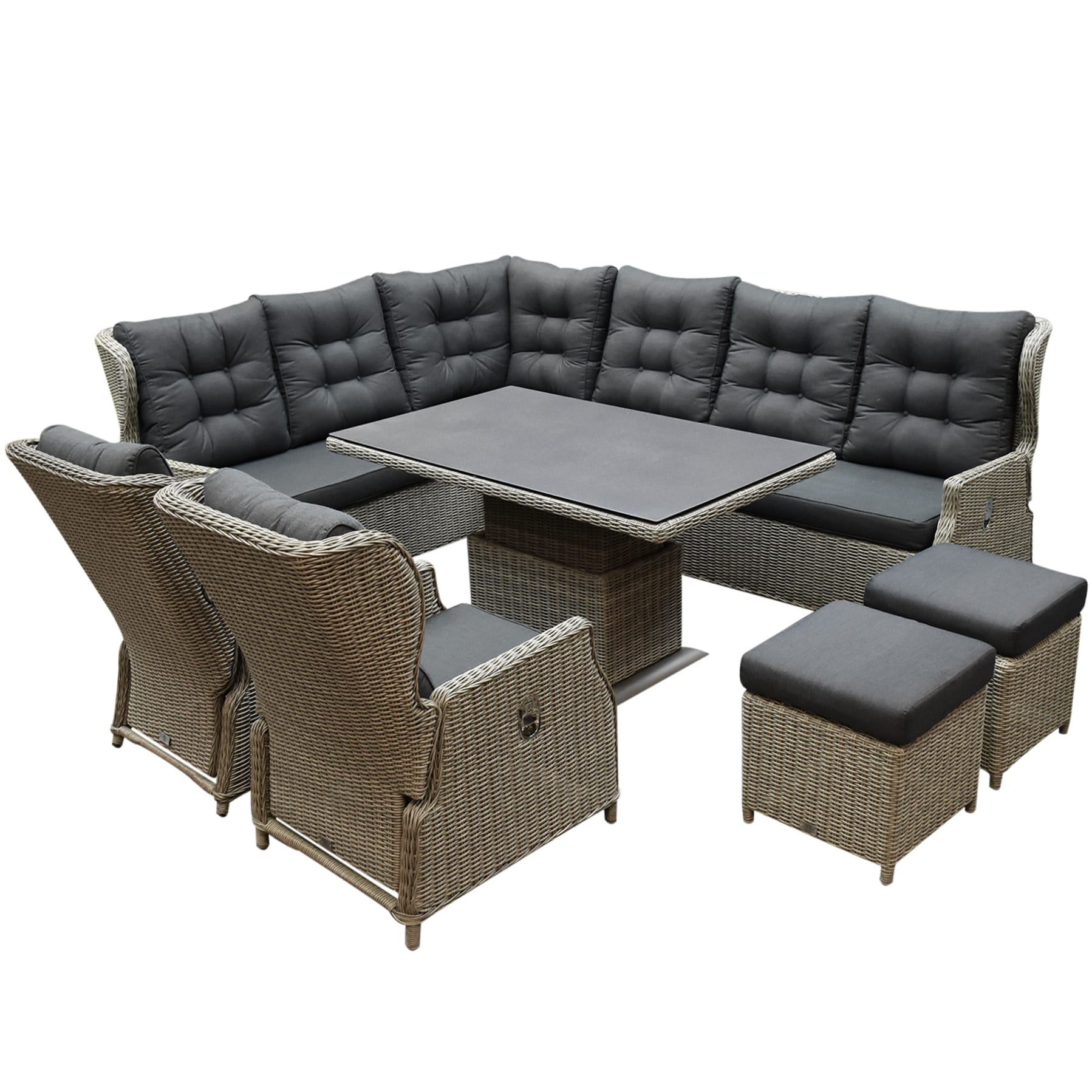 Ibiza dining verstelbare hoek loungeset 9 delig grijs met verstelbare tafel