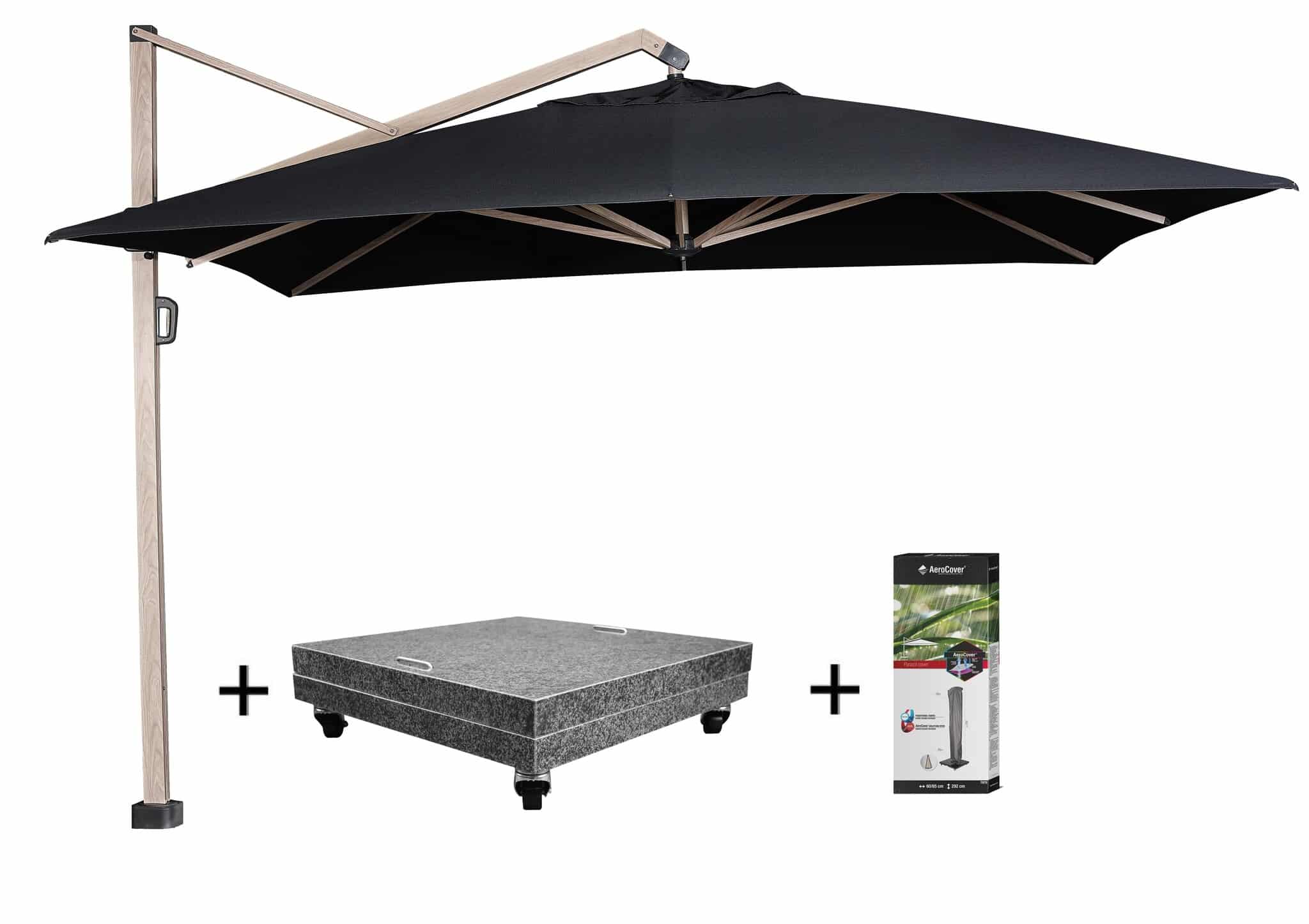 Icon zweefparasol 350x350 cm oak mast faded black met 150KG voet en hoes