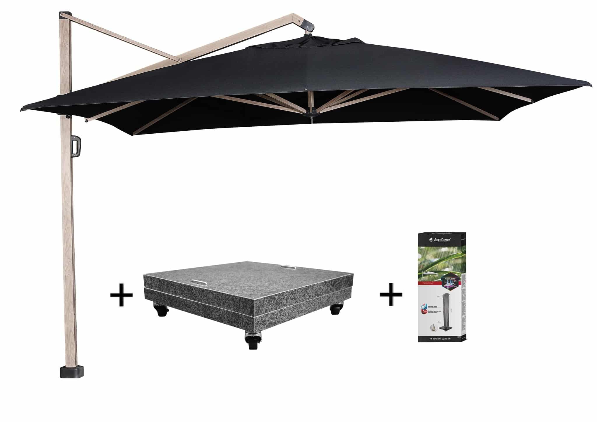 Icon zweefparasol 400x300 cm oak mast faded black met 150 KG voet en hoes