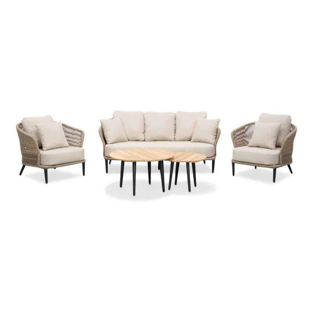 Palermo stoel-bank loungeset 5-delig | aluminium + touw | Sahara Dust | teakhouten tafels