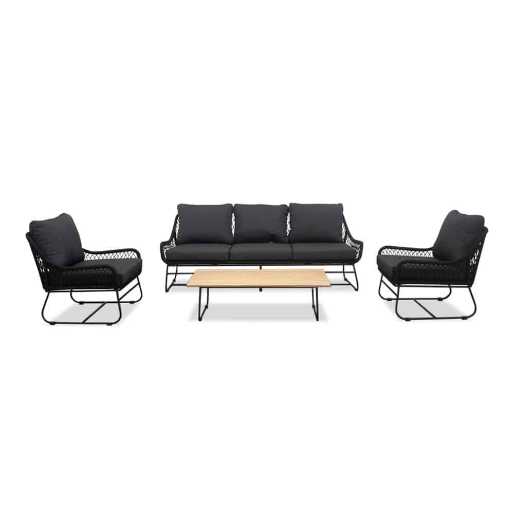 Portofino stoel-bank loungeset 4-delig | aluminium + teakhout | zwart