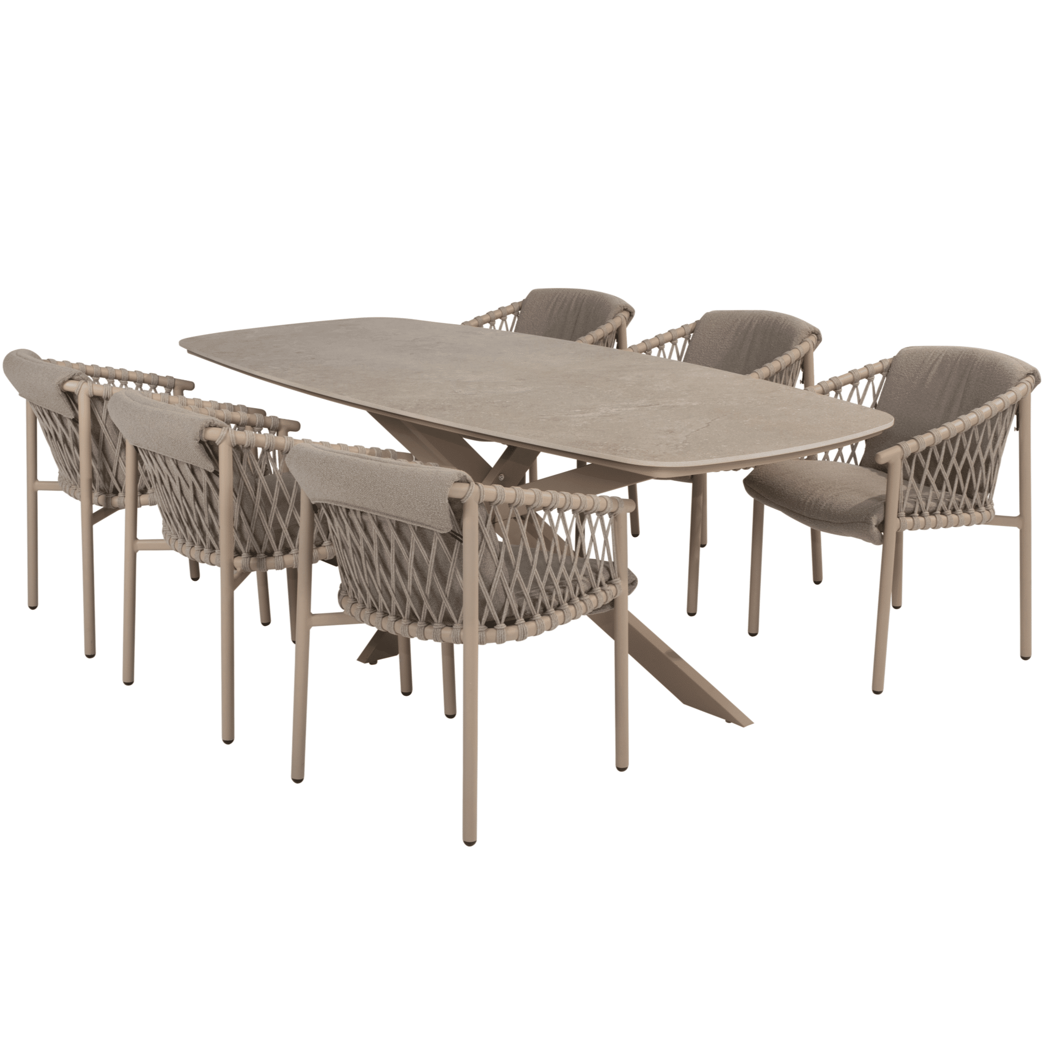 Prado Allora dining tuinset 240x105xH75 cm 7 delig keramiek barrel latte 4 Seasons Outdoor