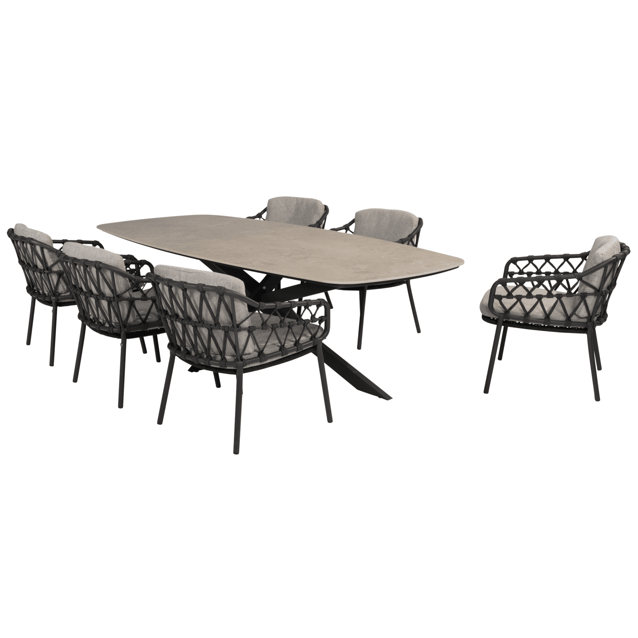 Prado Calpi barrel dining tuinset 7 delig 240x105xH75 cm keramiek antraciet 4 Seasons Outdoor