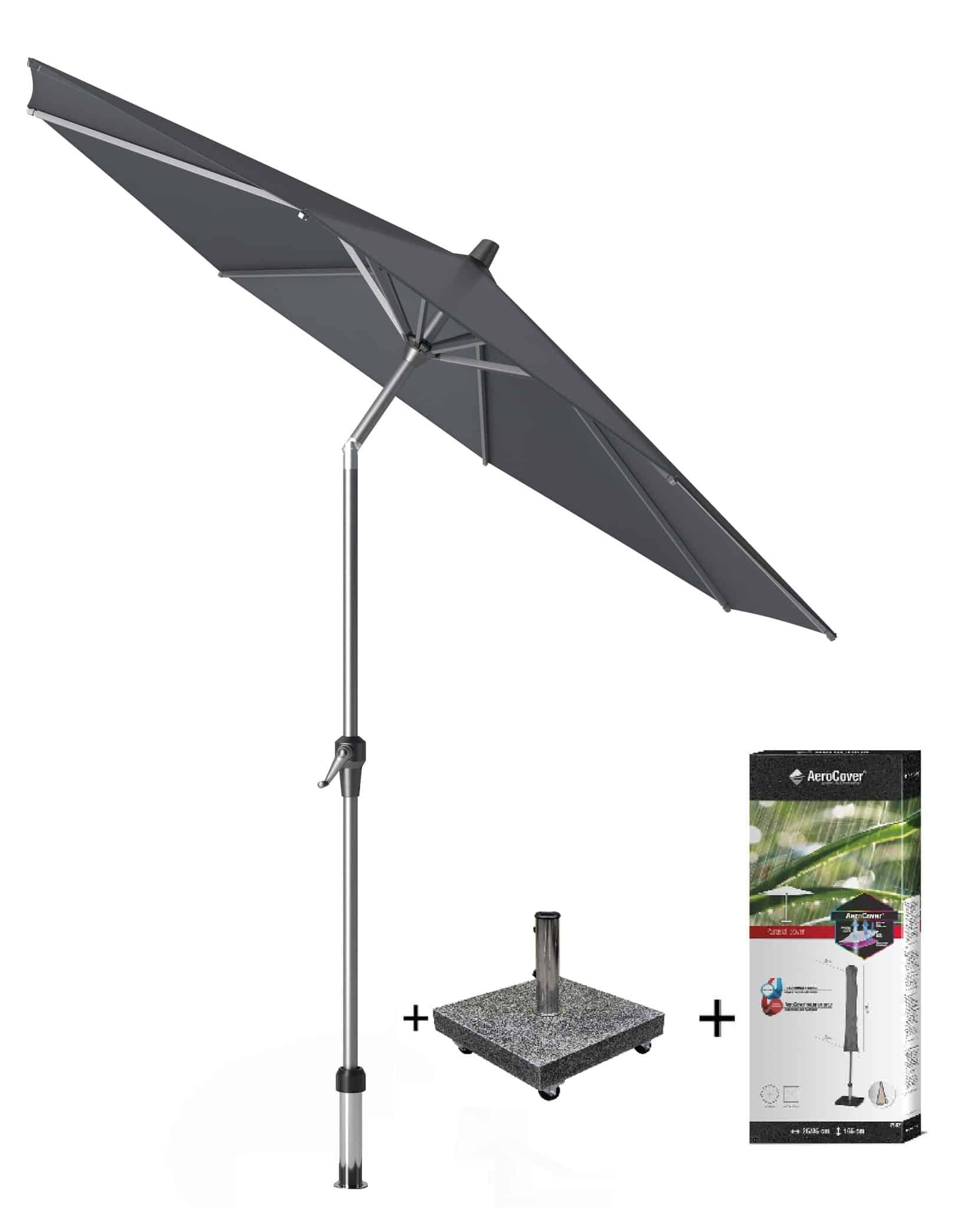 Riva parasol 250 cm rond antraciet met kniksysteem met 40 KG voet en hoes