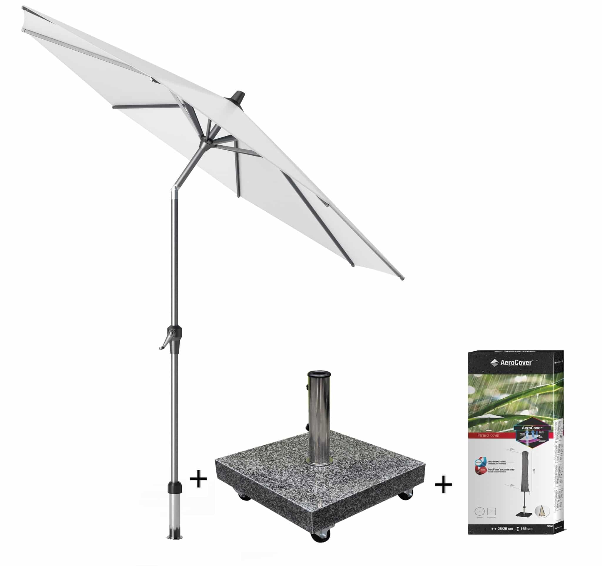 Riva parasol 250 cm rond wit met kniksysteem met 40KG voet en hoes