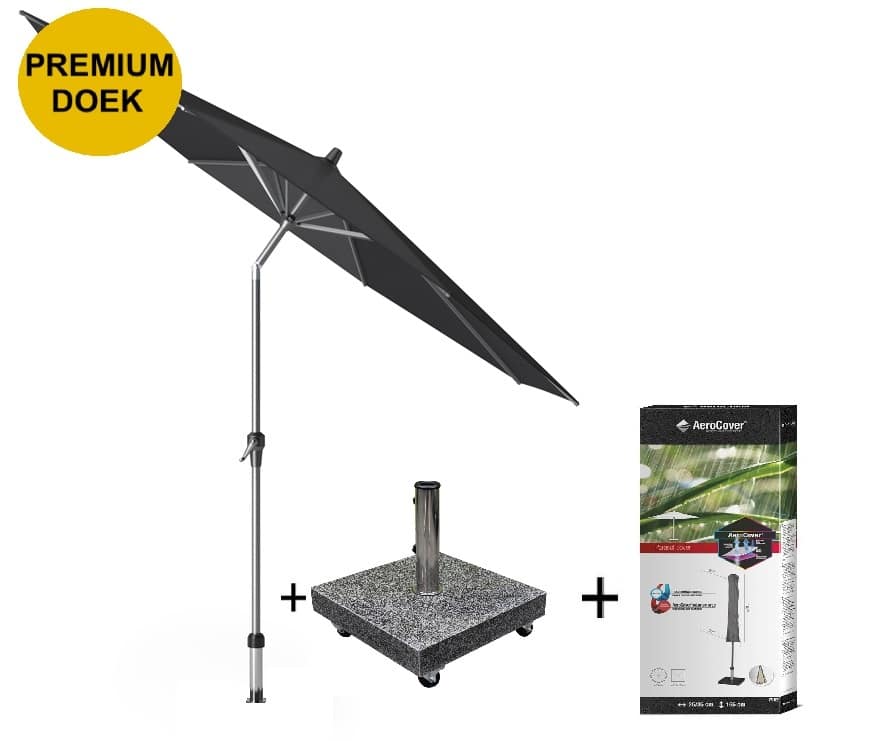 Riva premium parasol 300 cm rond faded black met kniksysteem met 40KG voet en hoes