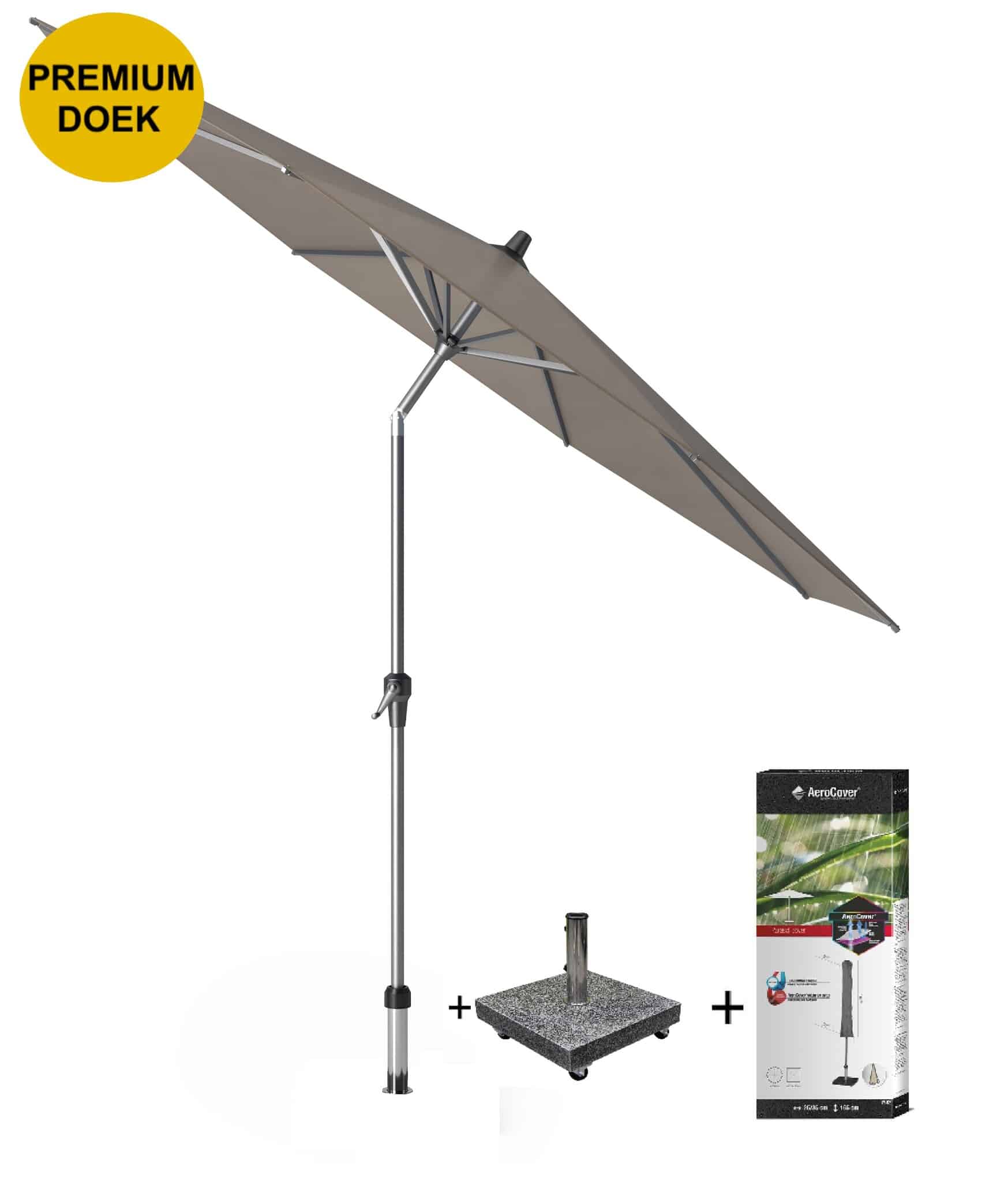 Riva premium parasol 300 cm rond havanna met kniksysteem met 40 KG voet en hoes