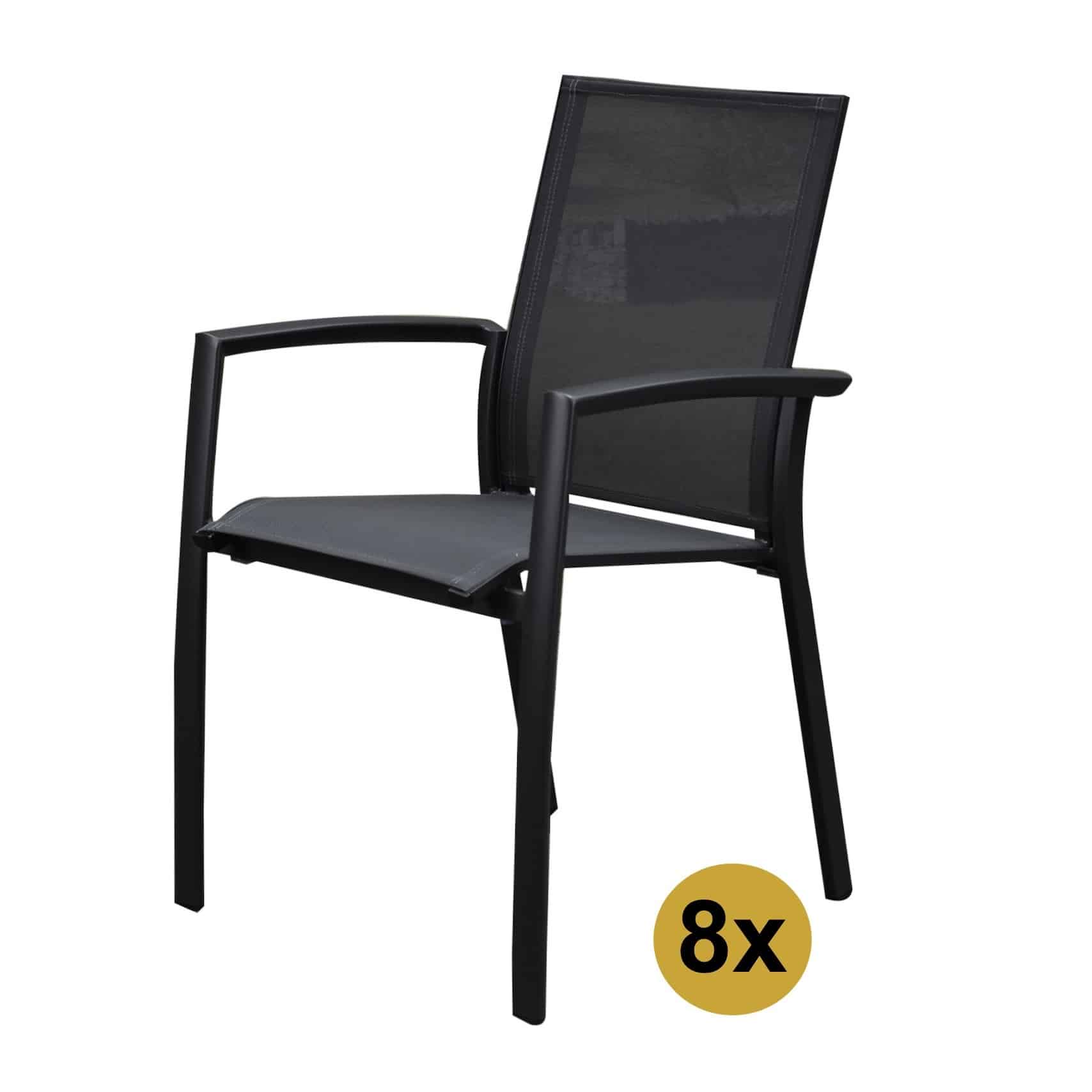 Set van 8 Malaga stapelbare tuinstoelen antraciet aluminium textileen