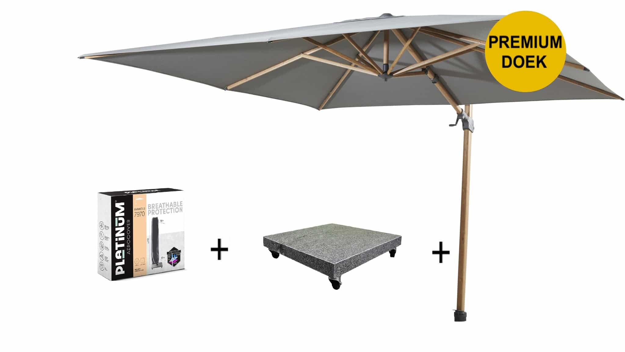 Siesta premium zweefparasol 300x300 cm houtlook charcoal 4 Seasons Outdoor met 90KG voet en hoes