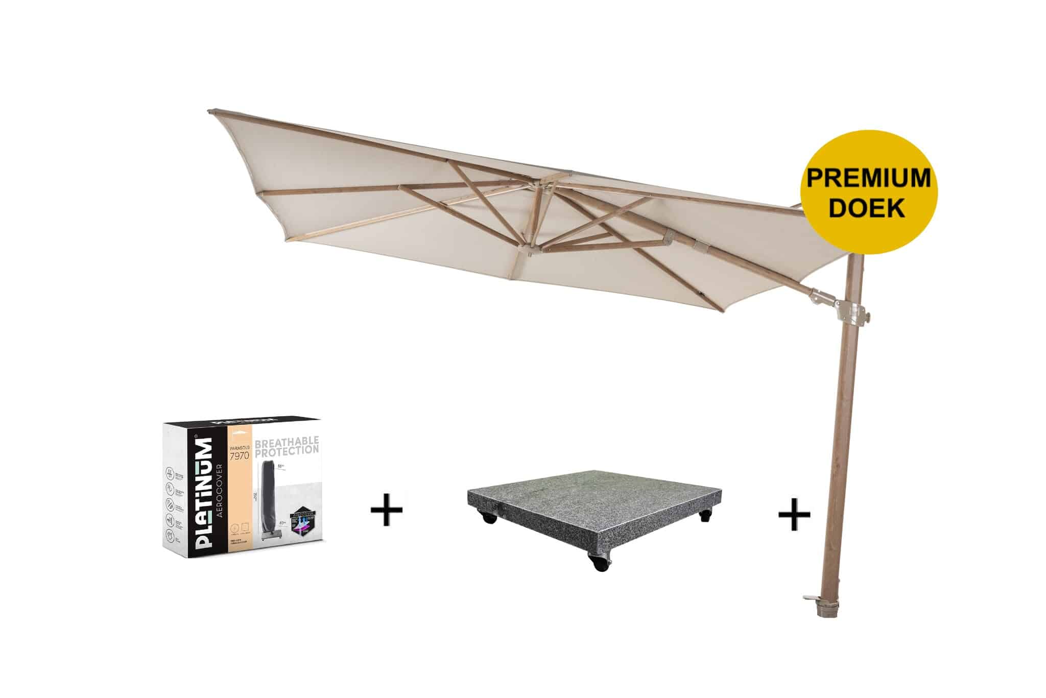 Siesta premium zweefparasol 300x300 cm houtlook sand 4 Seasons Outdoor met 90 KG voet en hoes