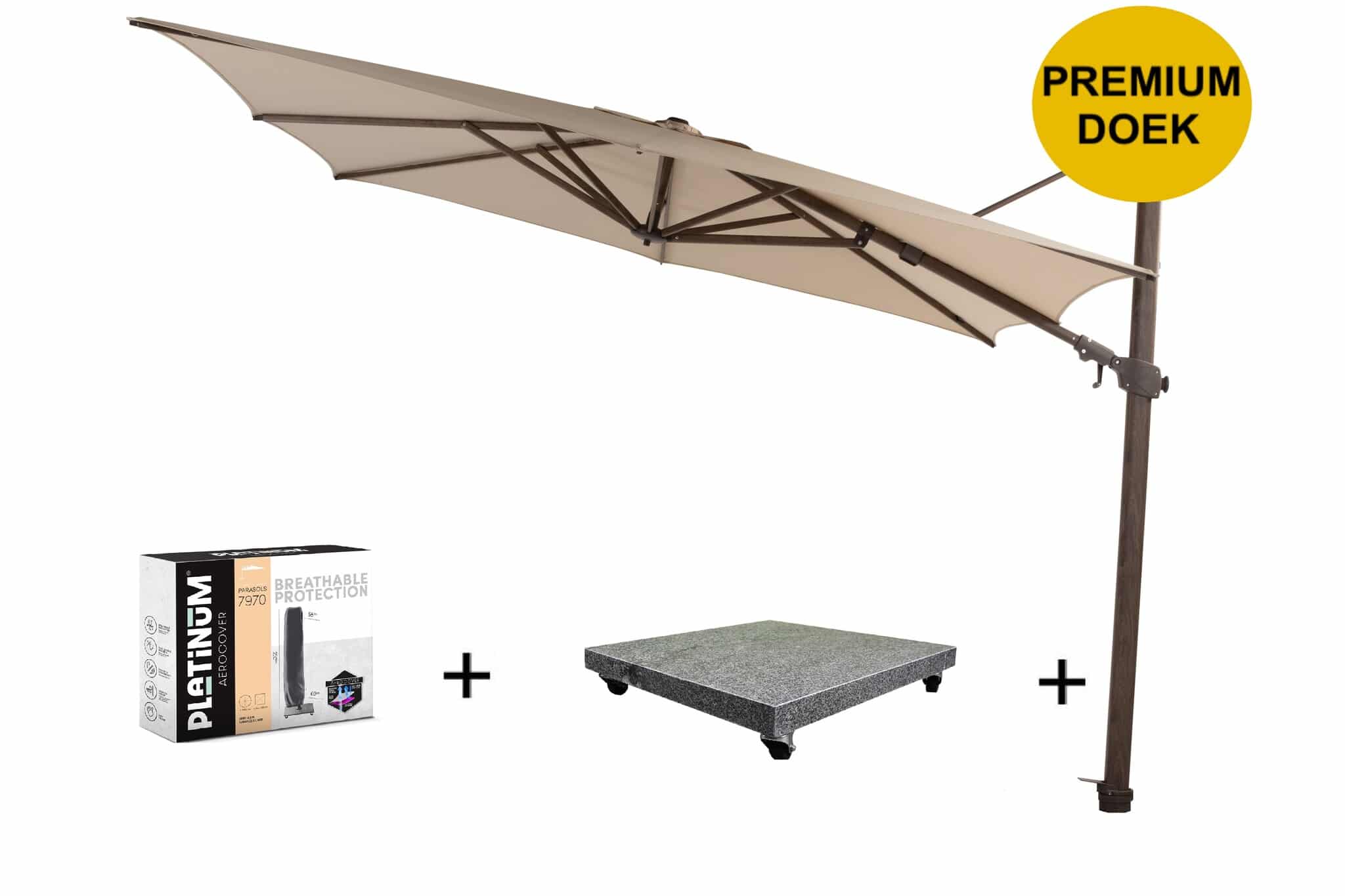 Siesta premium zweefparasol 300x300 cm wenge frame beach 4 Seasons Outdoor met 90KG voet en hoes