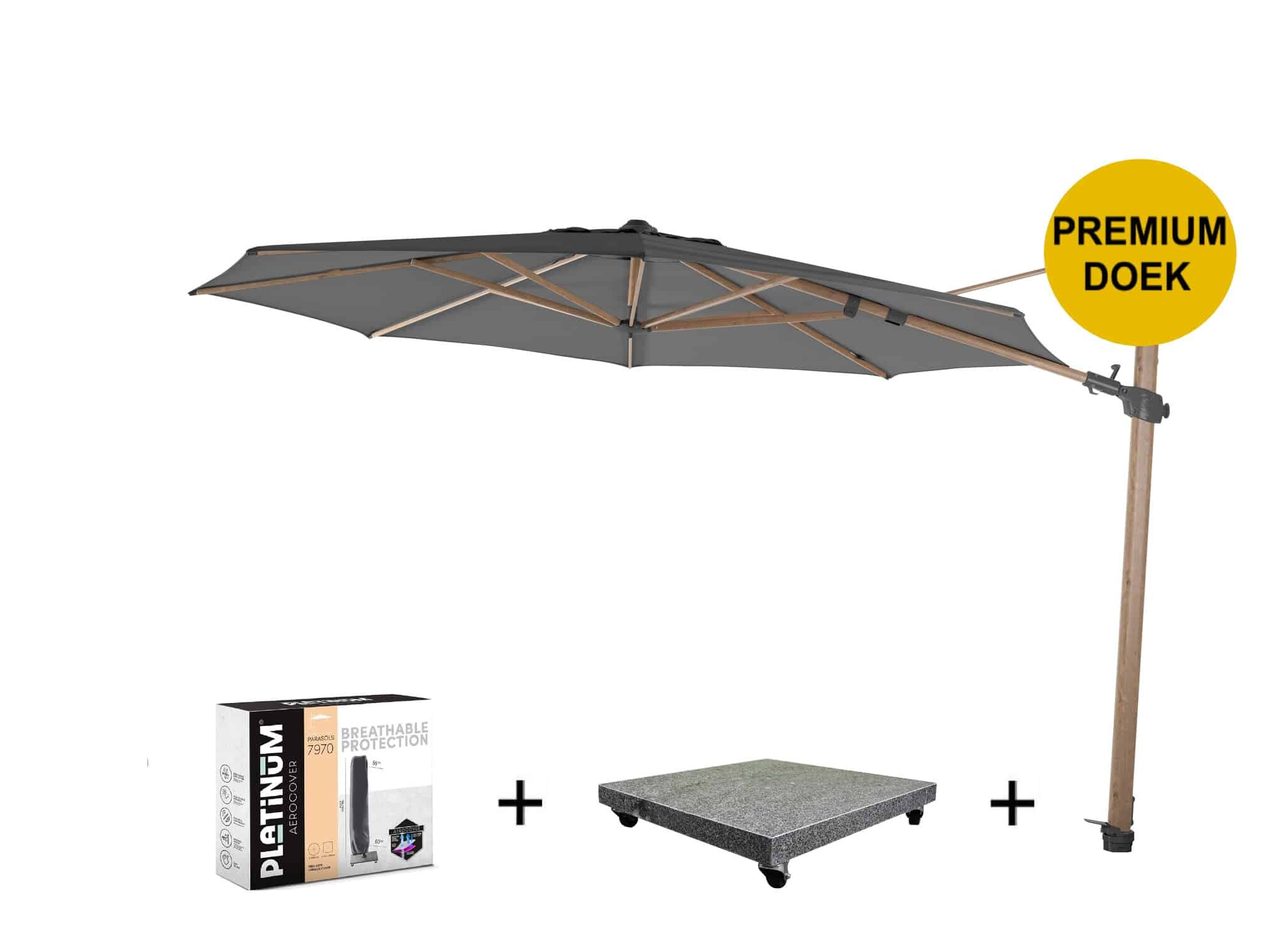 Siesta premium zweefparasol 350 cmØ houtlook frame charcoal met 90KG voet en hoes 4 seasons outdoor