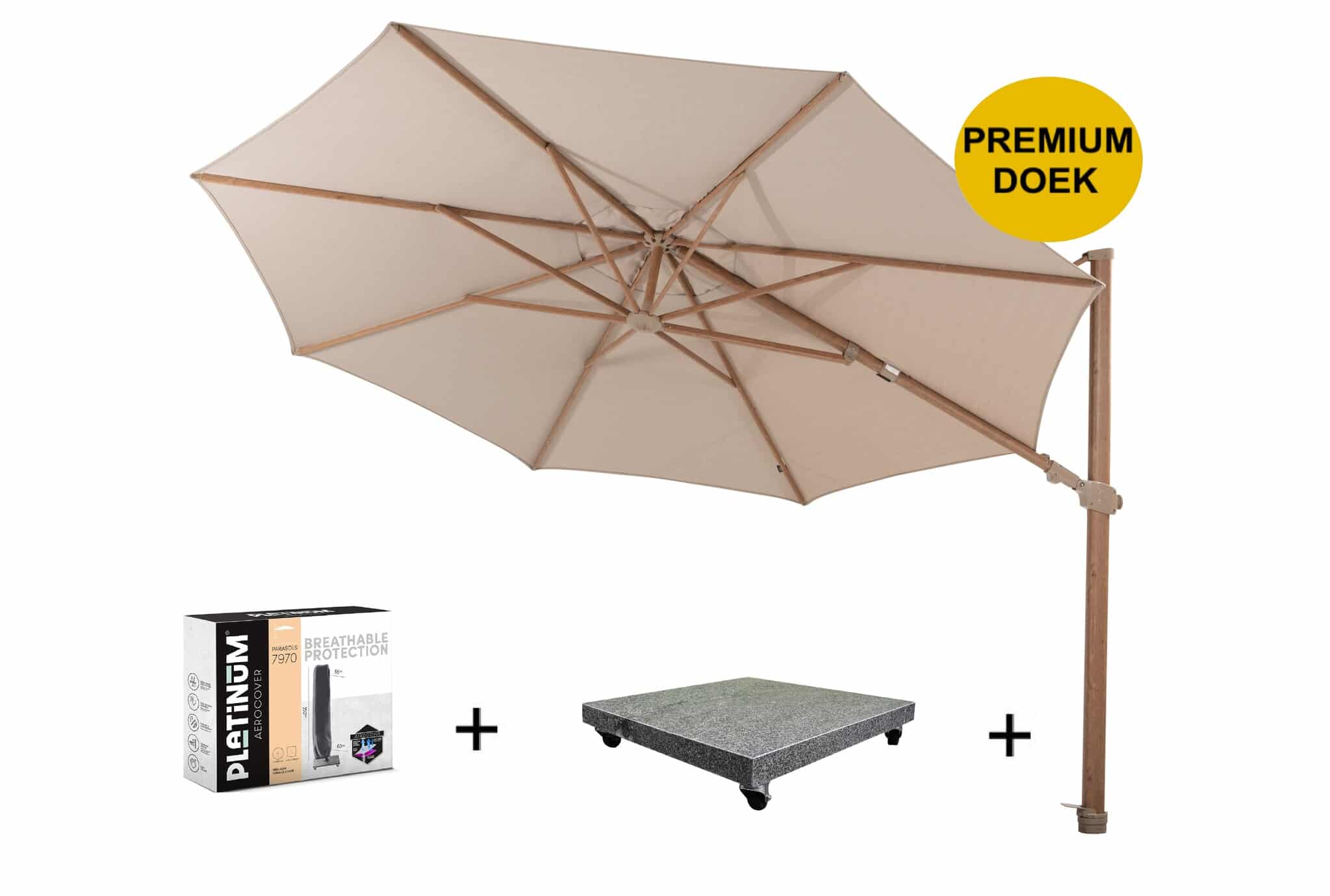 Siesta premium zweefparasol 350 cmØ houtlook frame sand 4 Seasons Outdoor met 90 kg voet en hoes