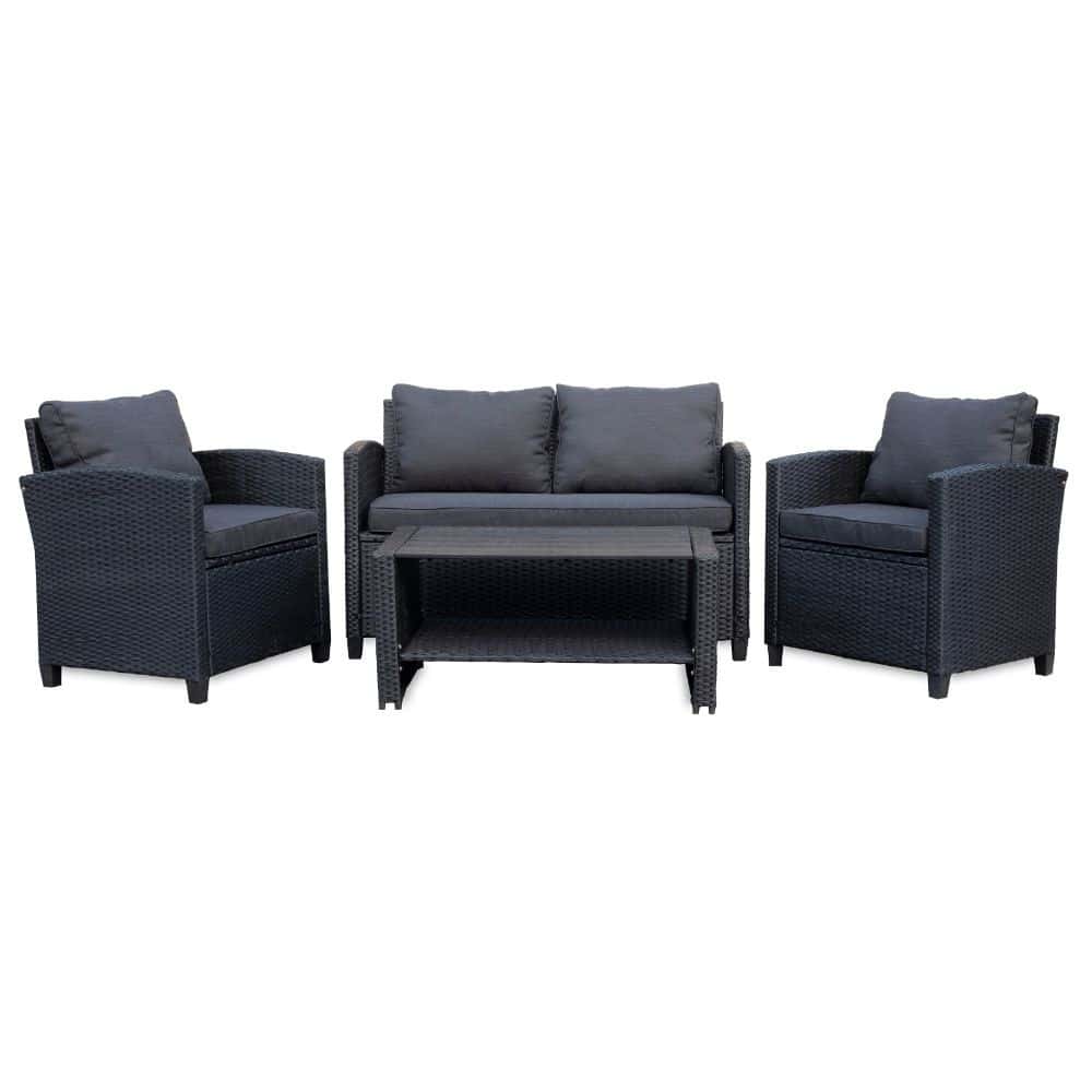 Stockholm stoel-bank loungeset 4-delig | wicker | zwart