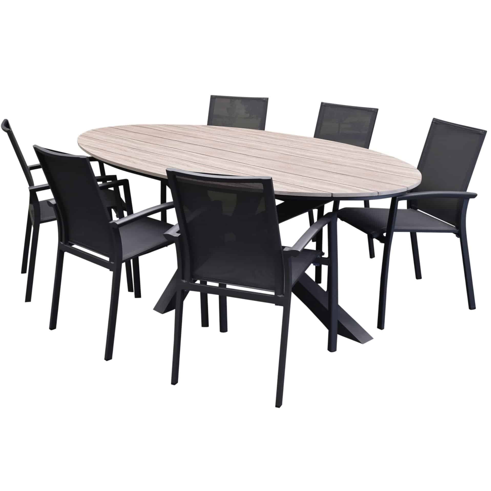 Malaga Salvador dining tuinset ovaal stapelbaar 220x115xH75 cm 7 delig polywood