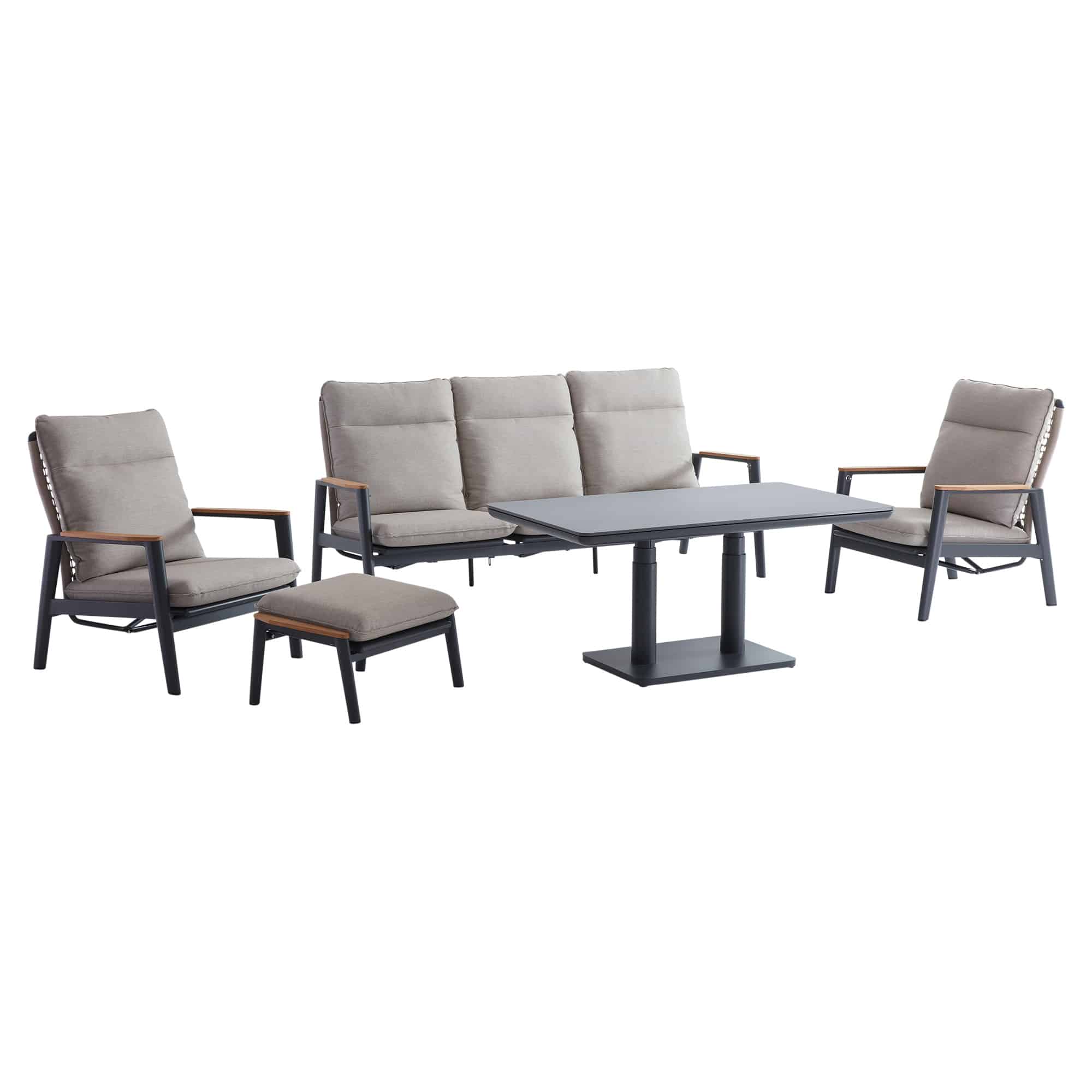 Alzano stoel bank loungeset 5 delig verstelbaar zand rope aluminium antraciet