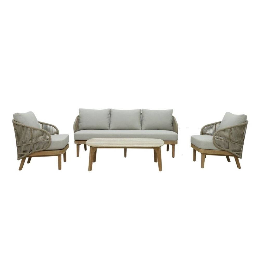 Matera stoel-bank loungeset 4-delig | eucalyptus + touw | zand + Light Teaklook