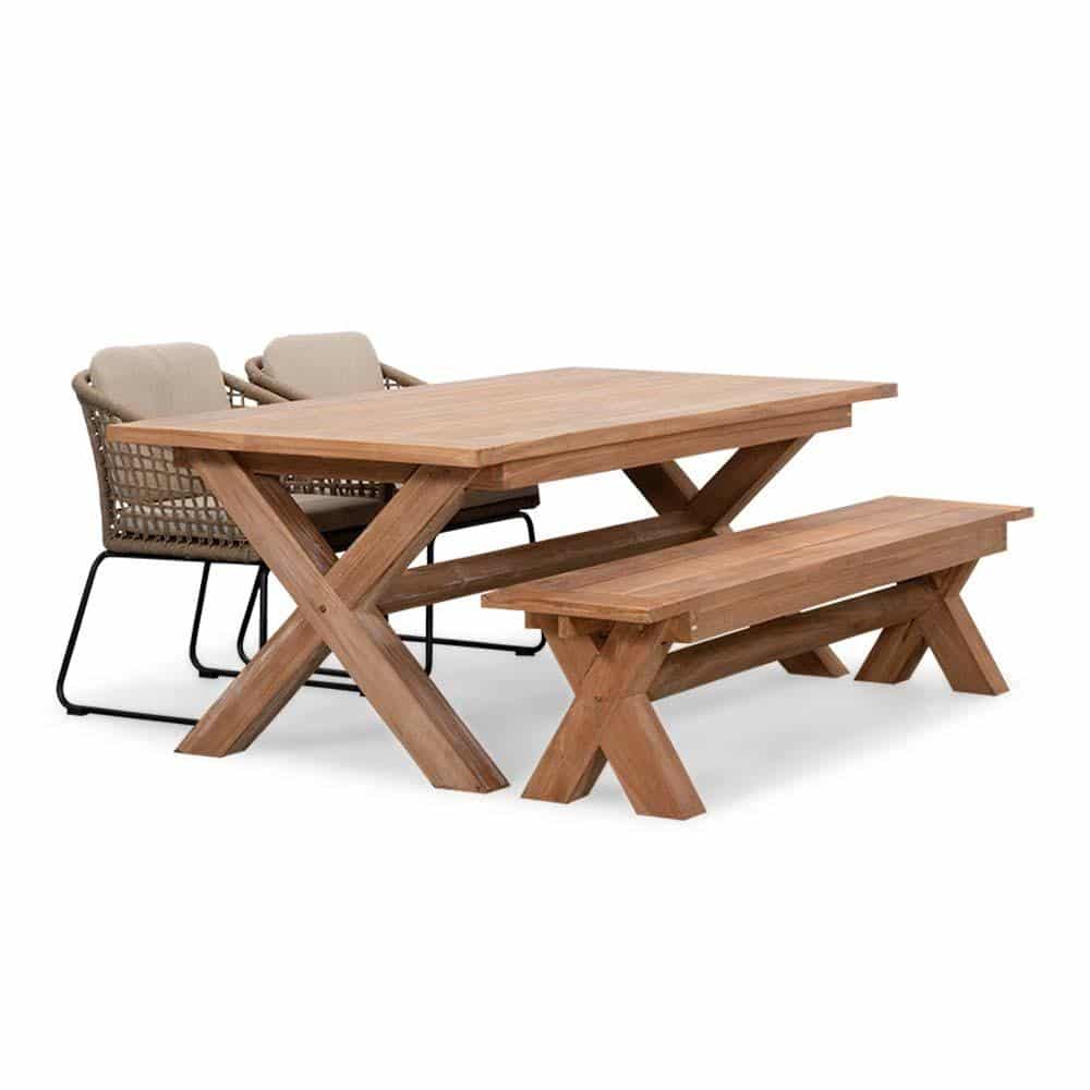 Riga/Tulum Sahara Dust stoel-bank dining tuinset 4-delig | hardhout + touw | 200cm