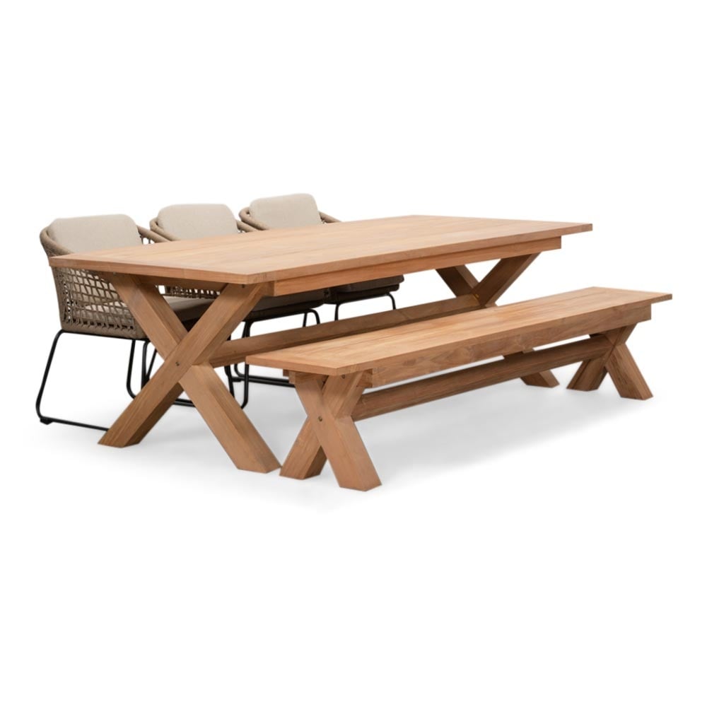 Riga/Tulum Sahara Dust stoel-bank dining tuinset 5-delig | hardhout + touw | 250cm
